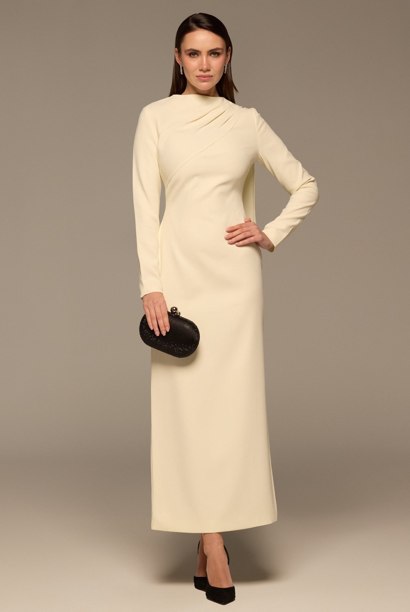 Ivory Crepe Draped Dress with Scarf - shopaleena