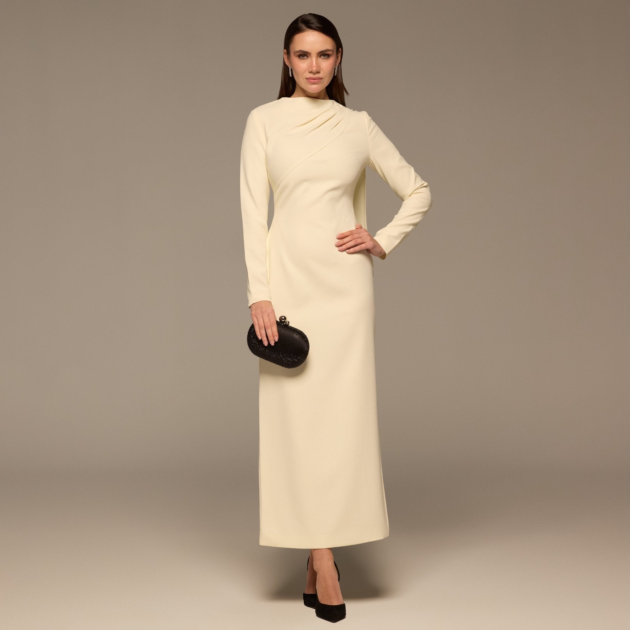 Ivory Crepe Draped Dress with Scarf - shopaleena