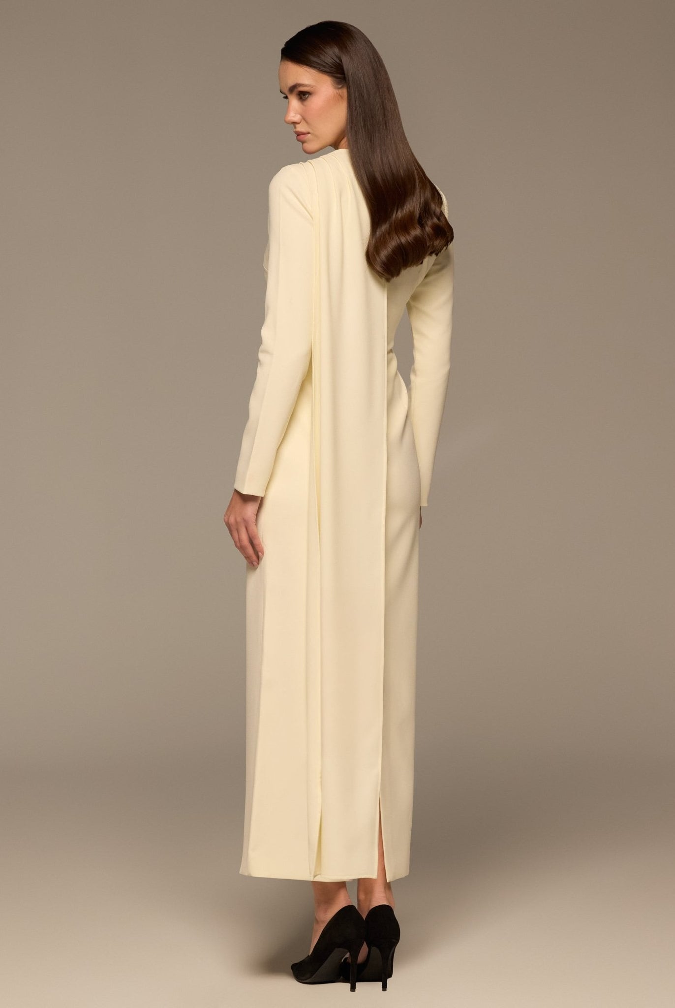 Ivory Crepe Draped Dress with Scarf - shopaleena