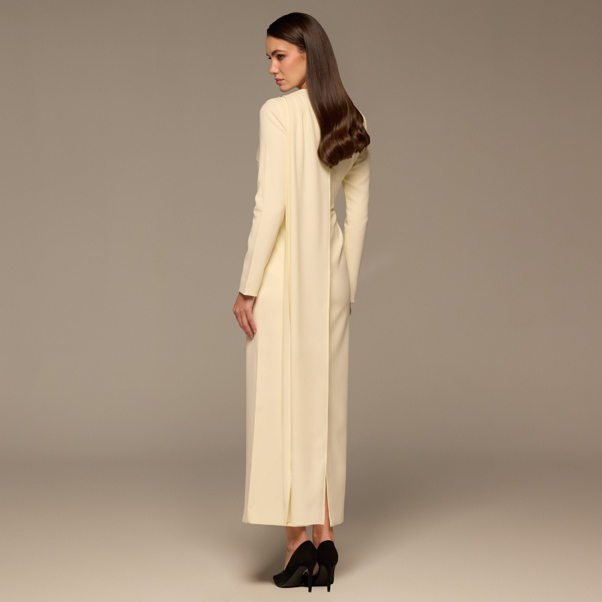 Ivory Crepe Draped Dress with Scarf - shopaleena