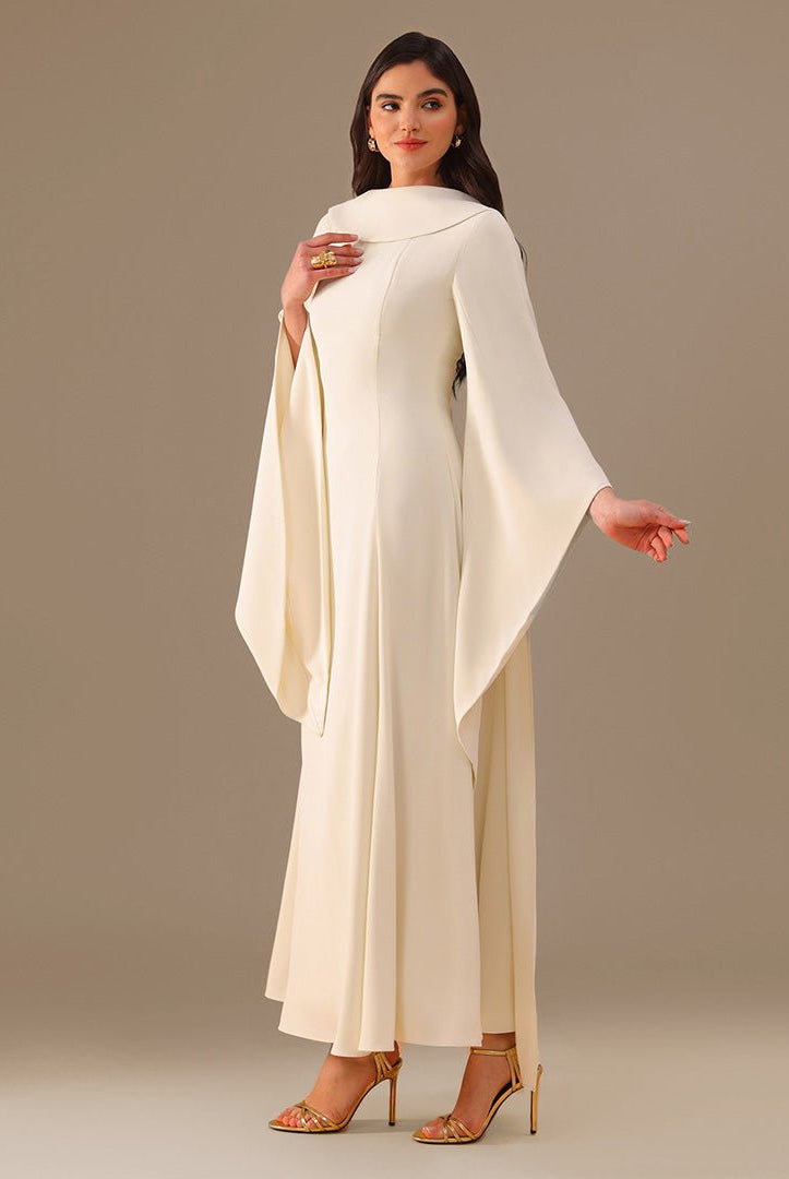 Ivory Crepe Dress with Flared Skirt - shopaleena