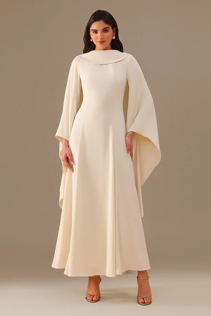 Ivory Crepe Dress with Flared Skirt - shopaleena