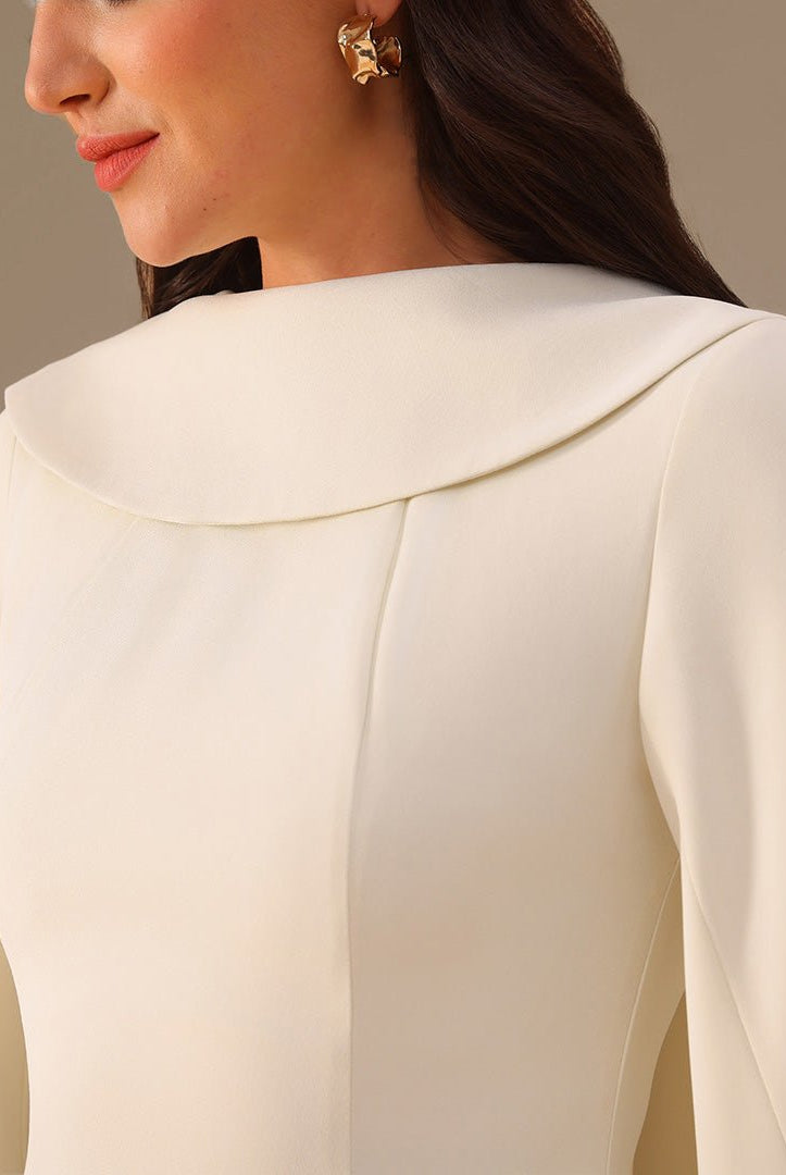 Ivory Crepe Dress with Flared Skirt - shopaleena