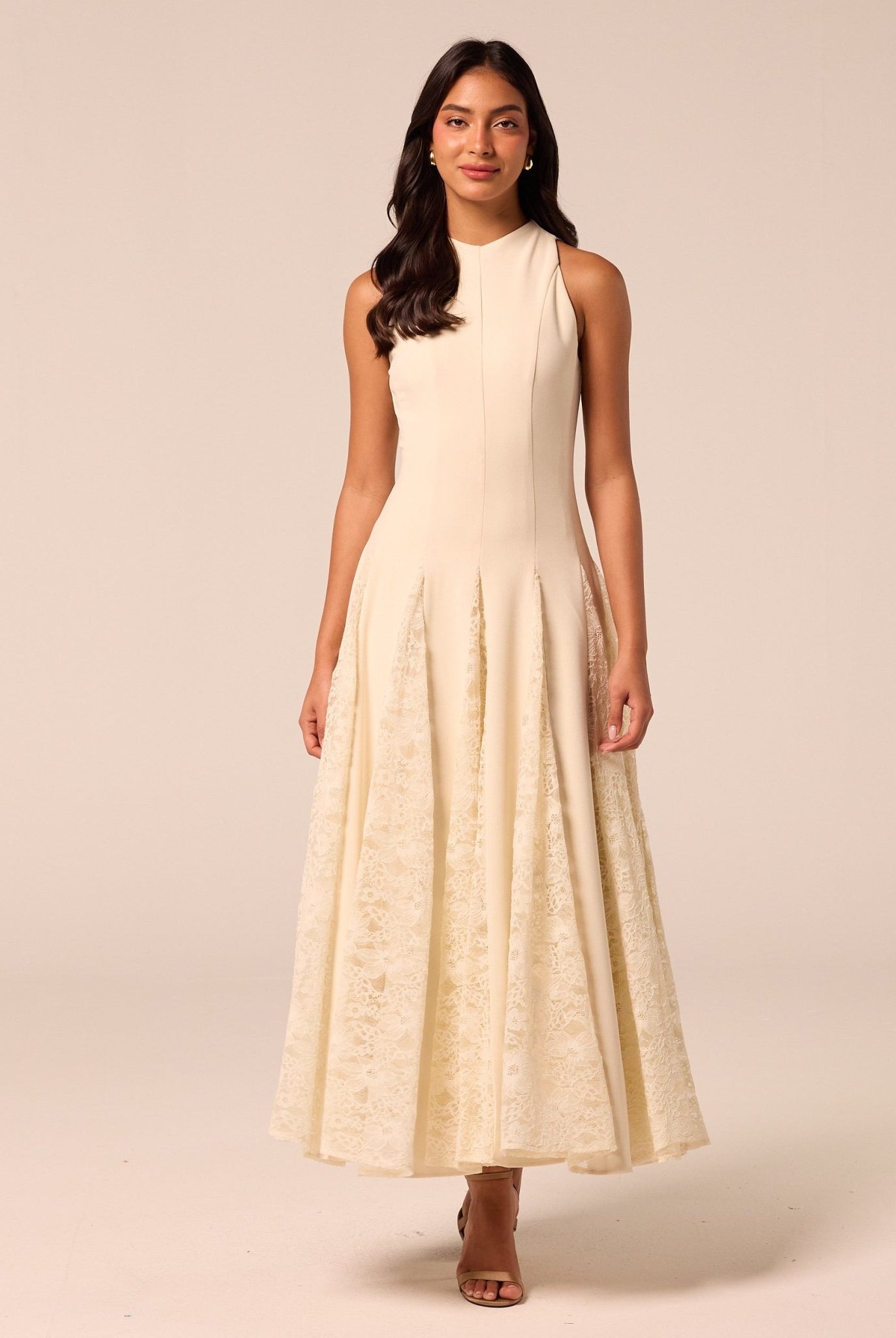 Ivory Crepe Maxi Dress with Lace Inserts - shopaleena