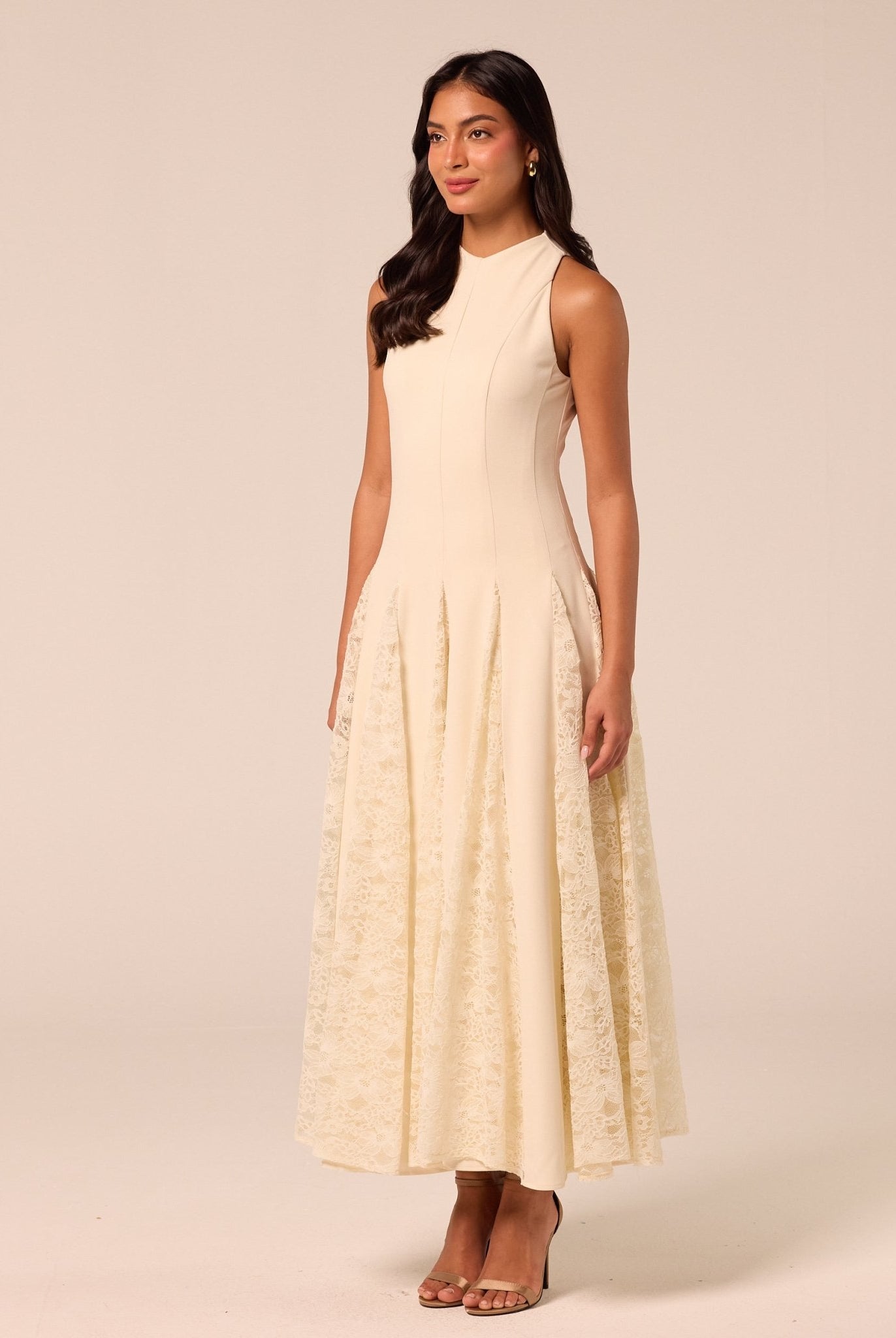 Ivory Crepe Maxi Dress with Lace Inserts - shopaleena