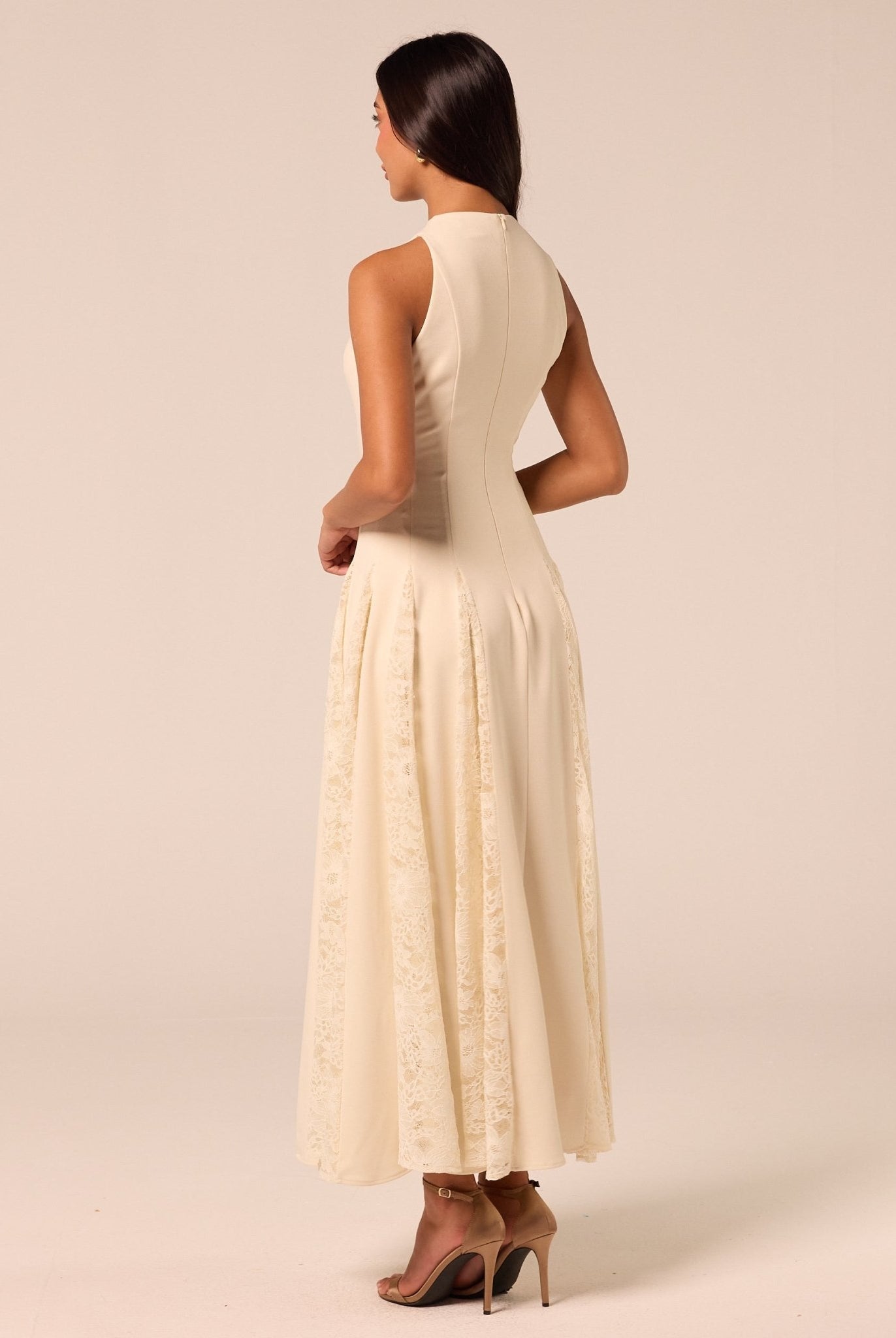 Ivory Crepe Maxi Dress with Lace Inserts - shopaleena