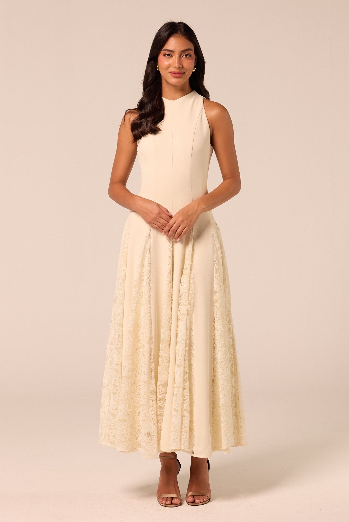 Ivory Crepe Maxi Dress with Lace Inserts - shopaleena