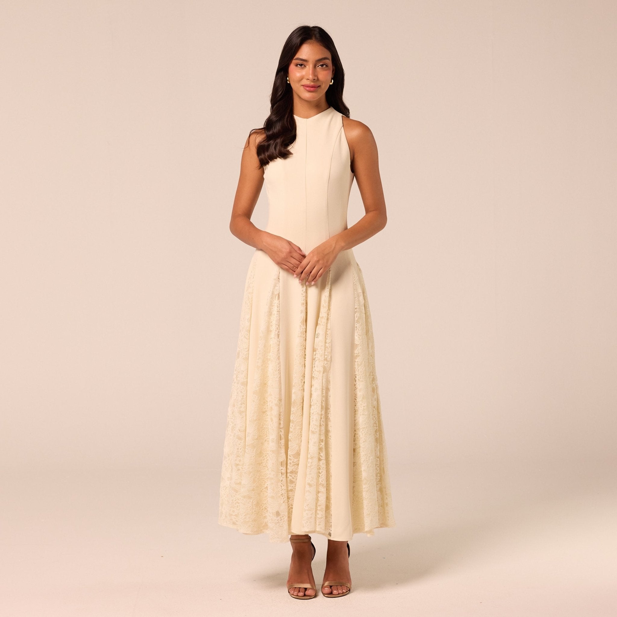 Ivory Crepe Maxi Dress with Lace Inserts - shopaleena