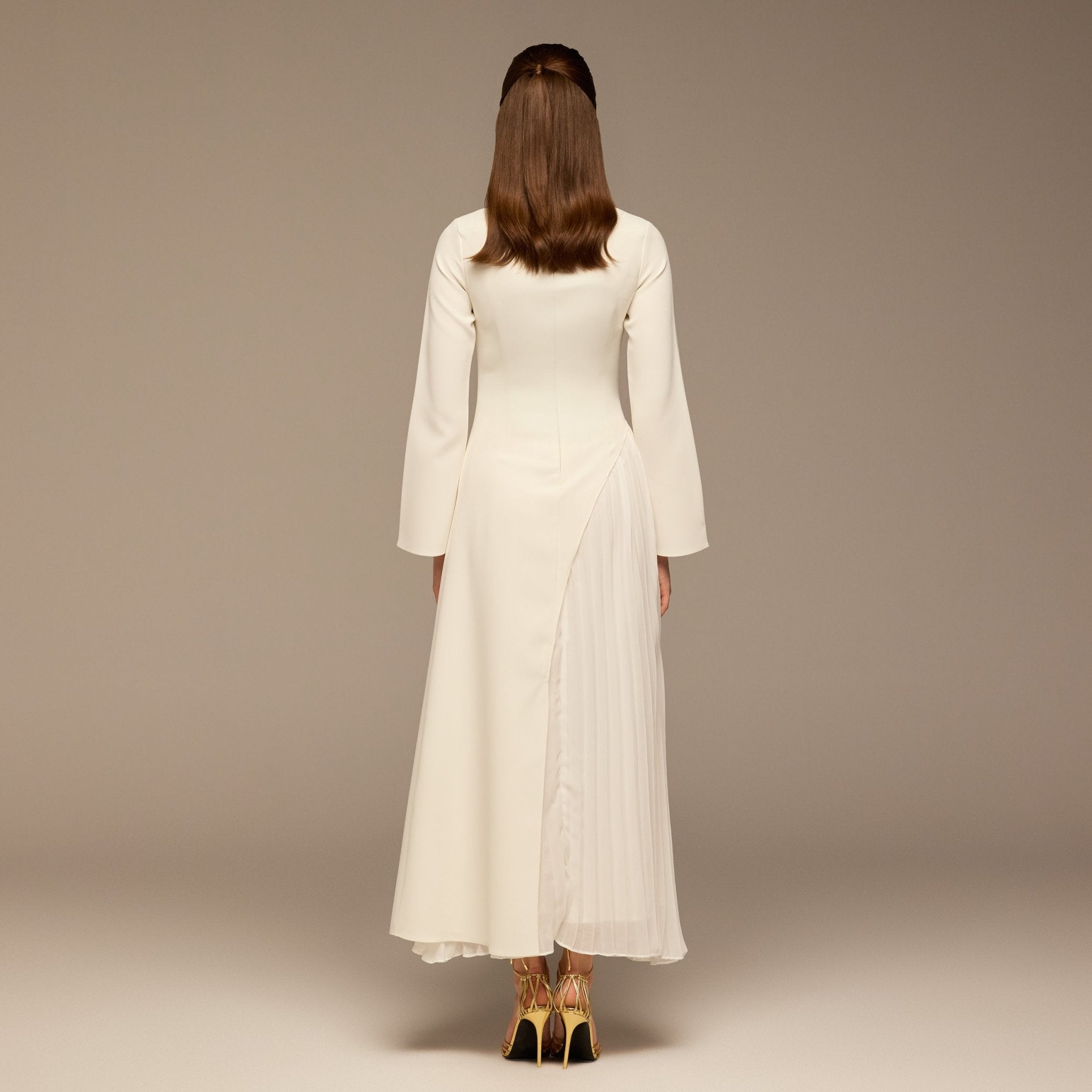 Ivory Crepe Maxi Dress with Side Pleated Panel - shopaleena