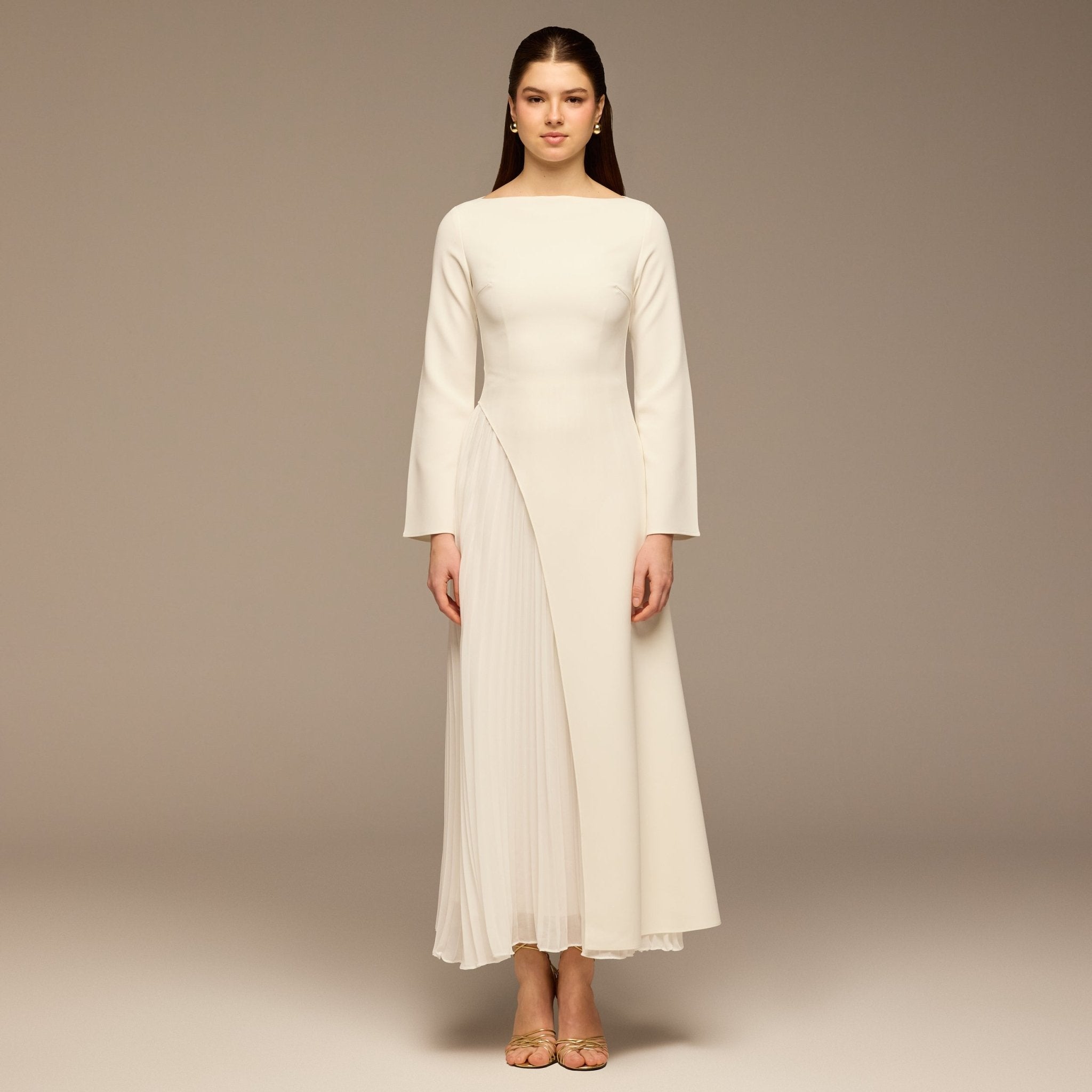 Ivory Crepe Maxi Dress with Side Pleated Panel - shopaleena