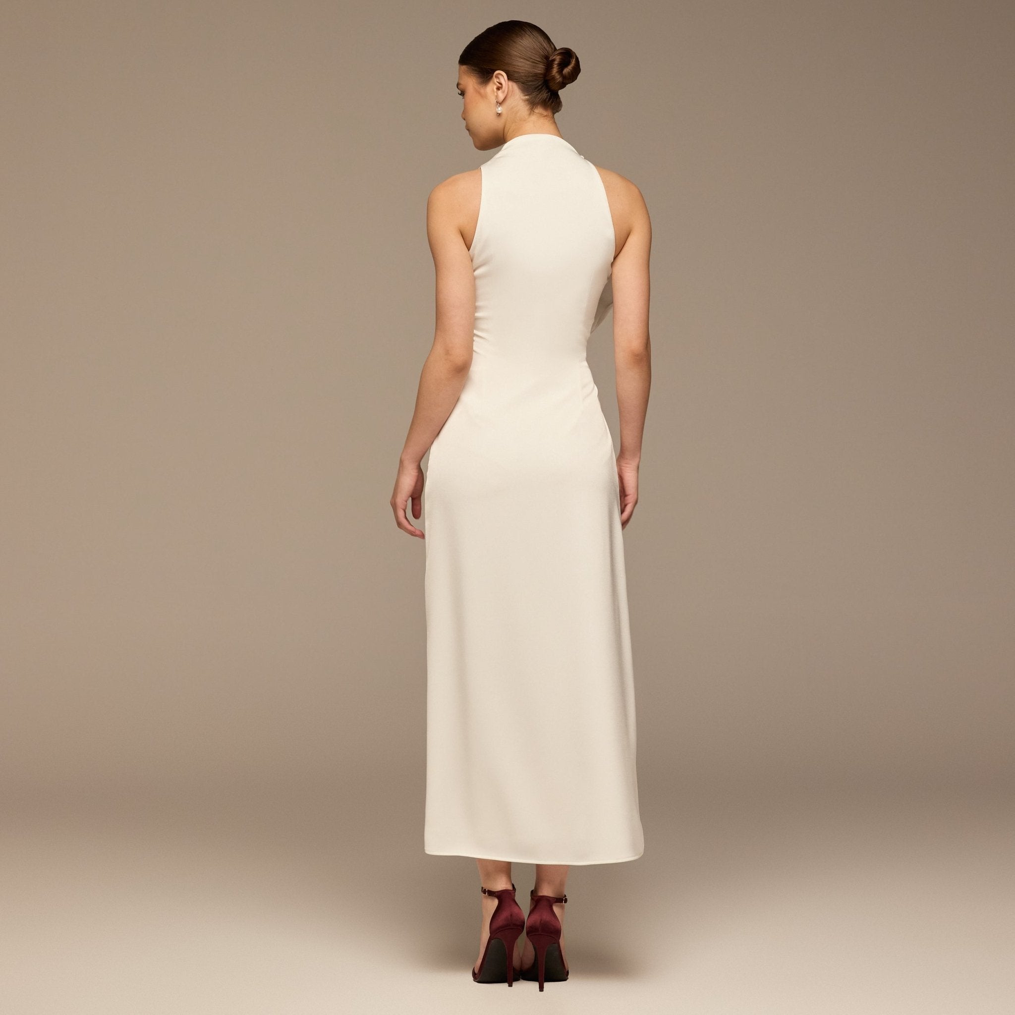 Ivory Crepe Satin Draped Maxi Dress - shopaleena