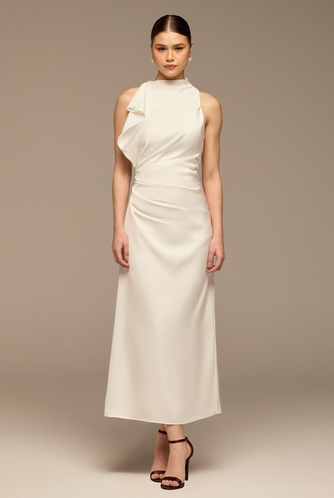 Ivory Crepe Satin Draped Maxi Dress - shopaleena