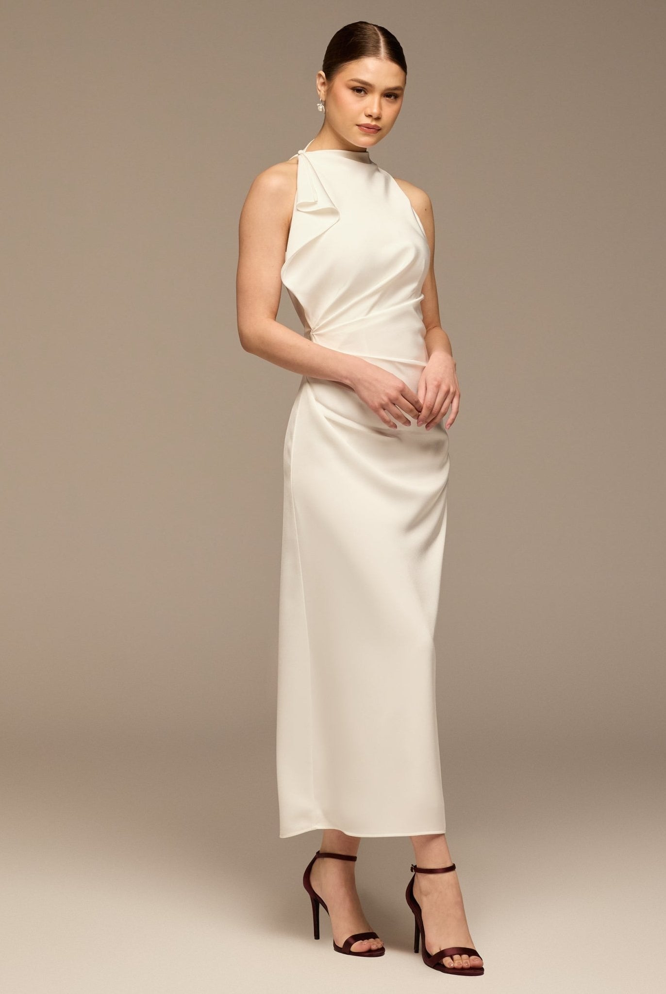 Ivory Crepe Satin Draped Maxi Dress - shopaleena