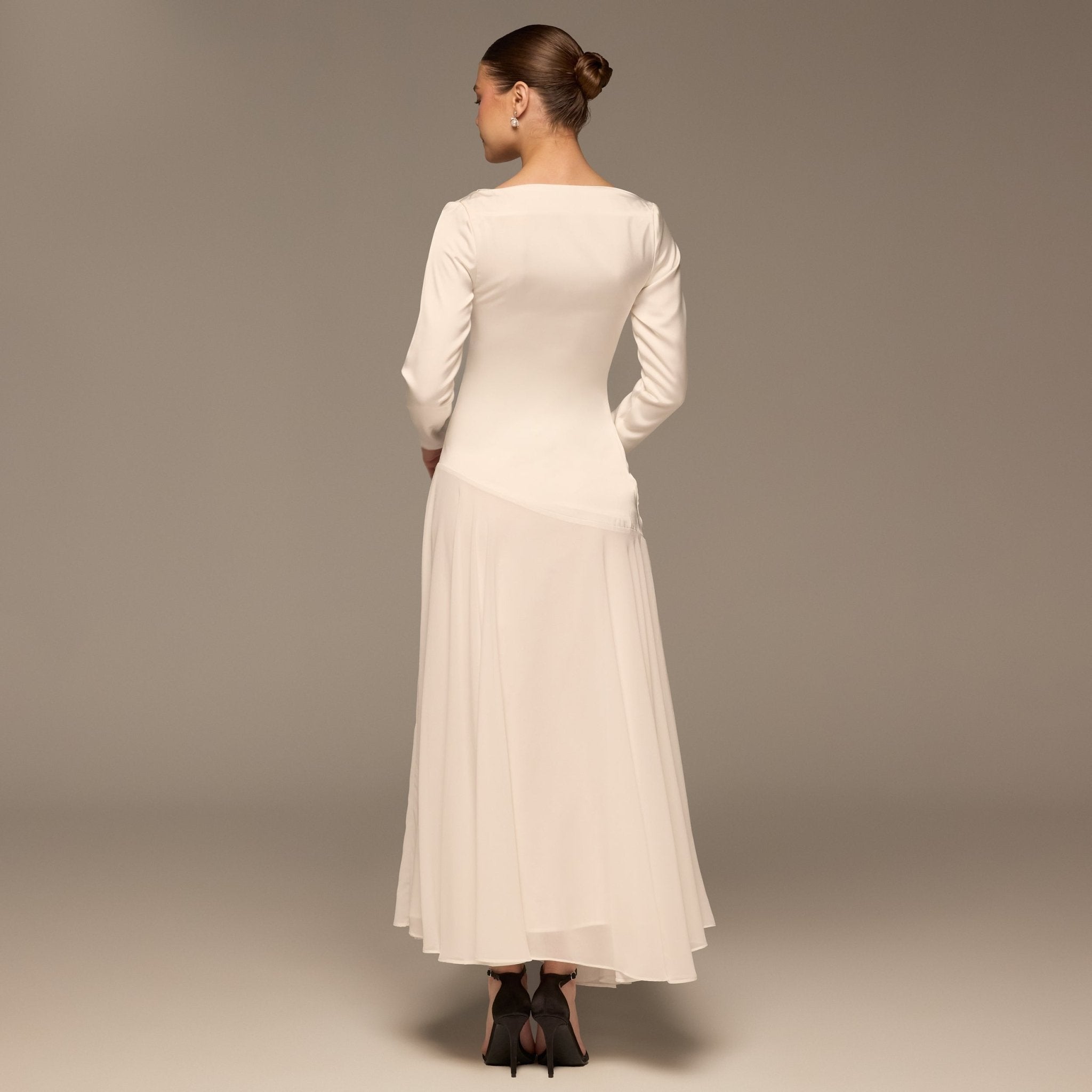 Ivory Draped Neck Satin & Chiffon Dress - shopaleena