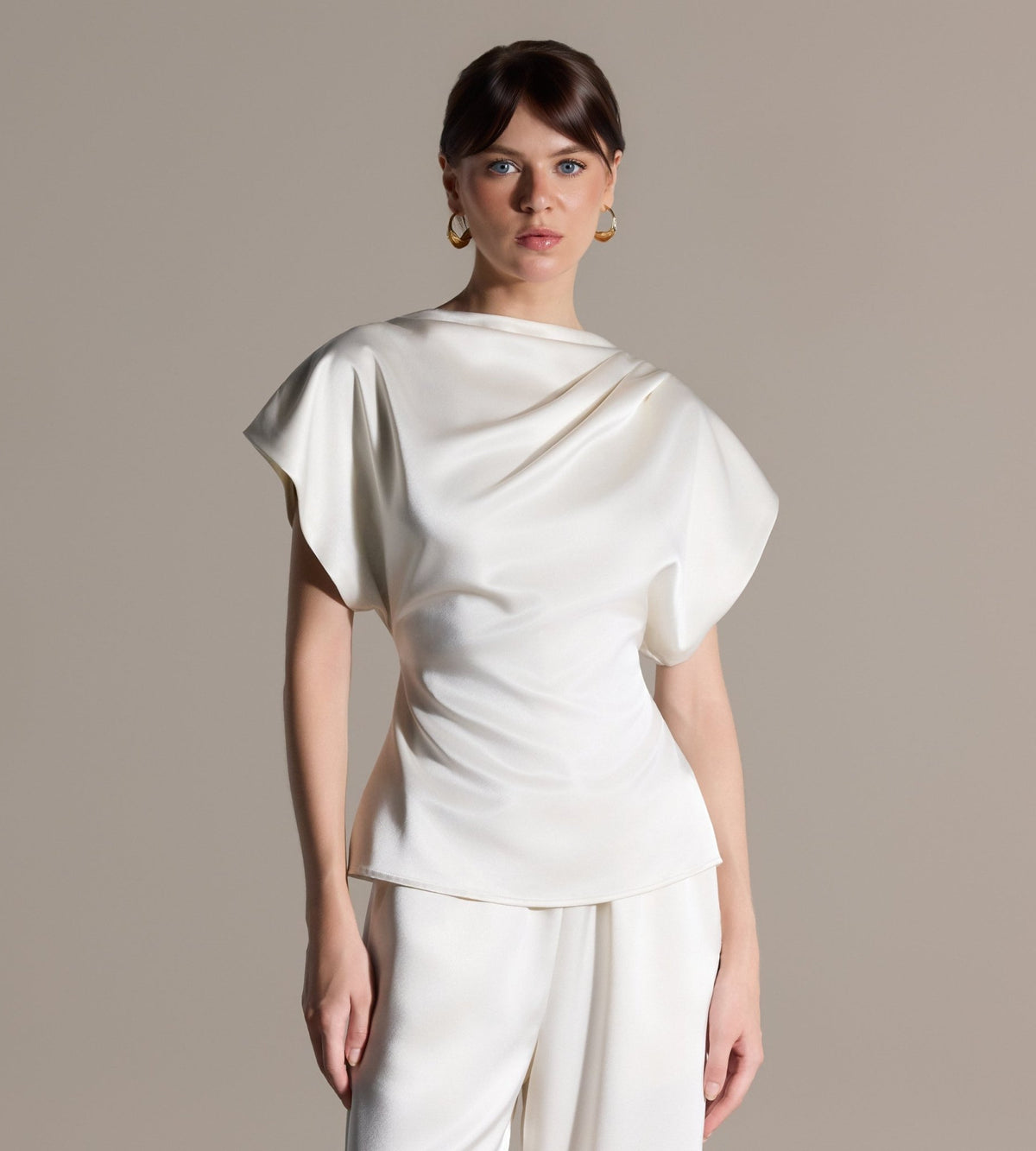 Ivory Draped Satin Blouse & Wide Leg Pants Set - shopaleena