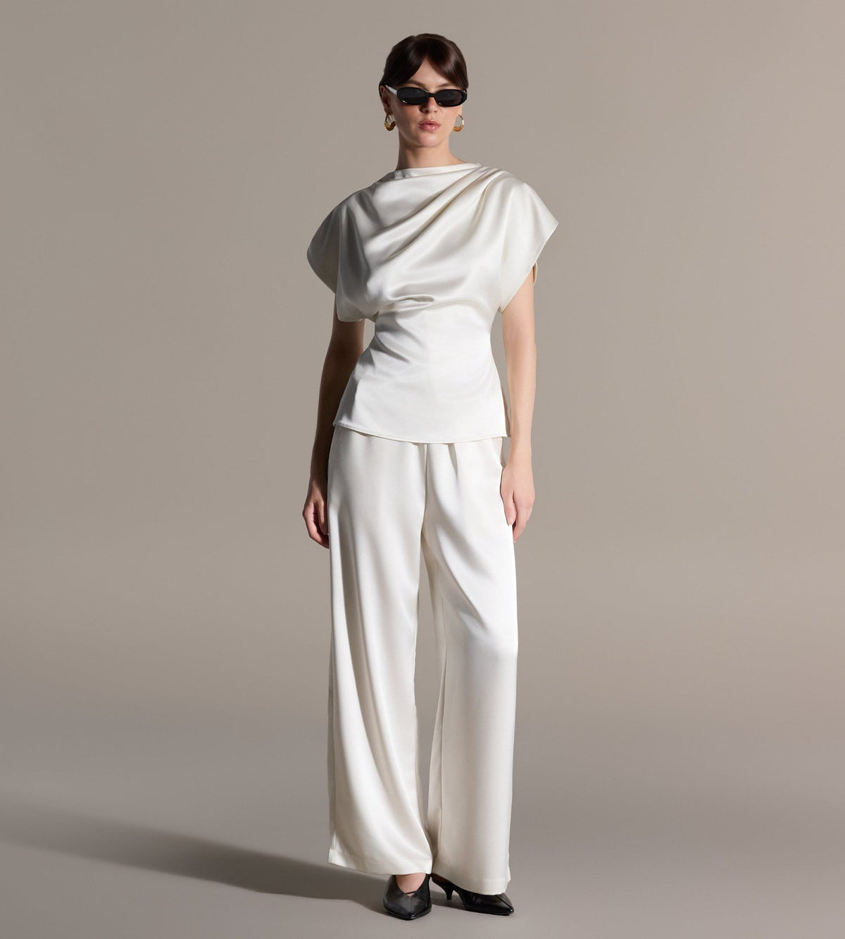 Ivory Draped Satin Blouse & Wide Leg Pants Set - shopaleena