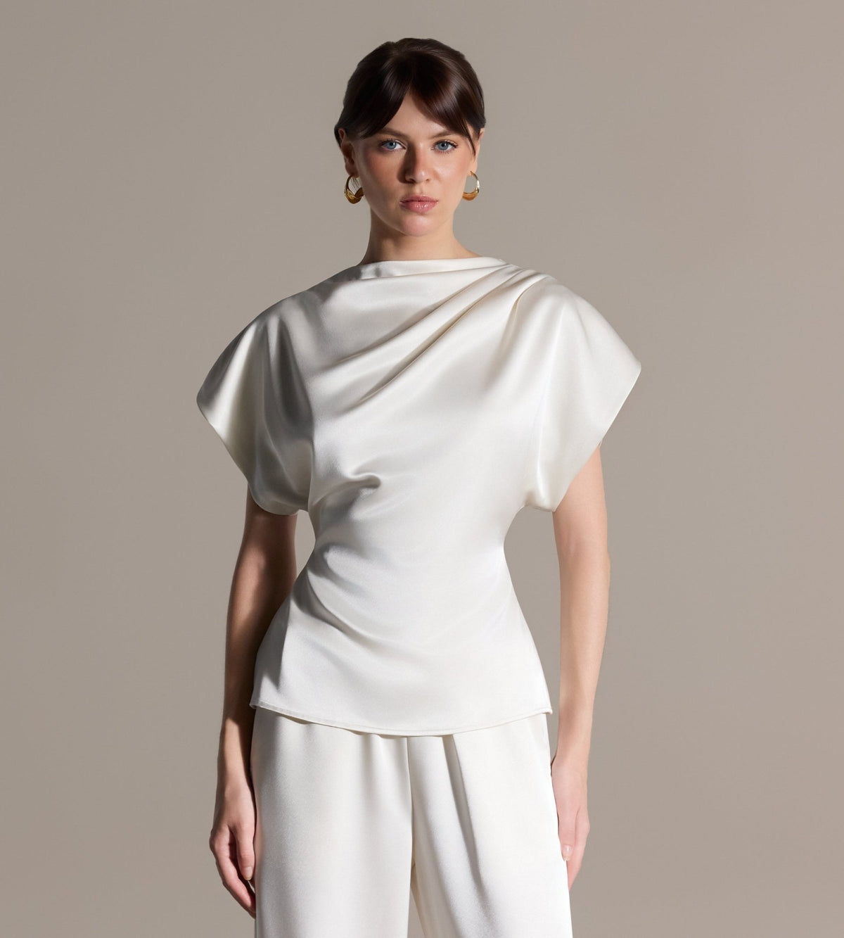 Ivory Draped Satin Blouse & Wide Leg Pants Set - shopaleena