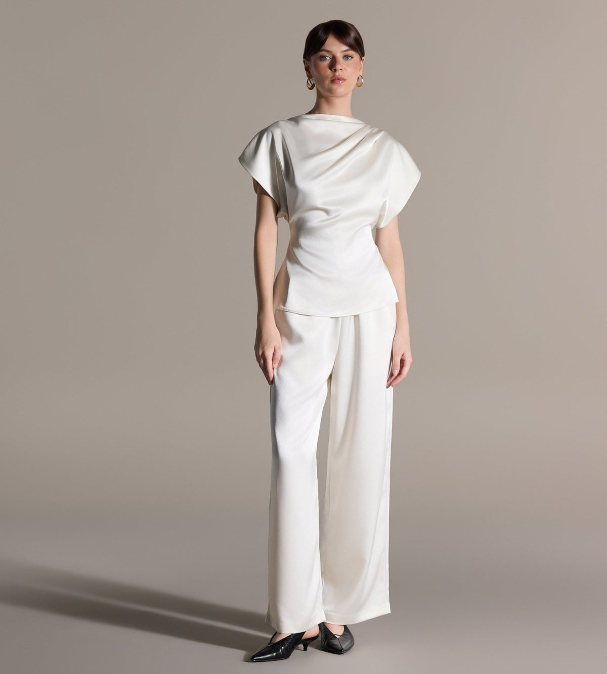 Ivory Draped Satin Blouse & Wide Leg Pants Set - shopaleena