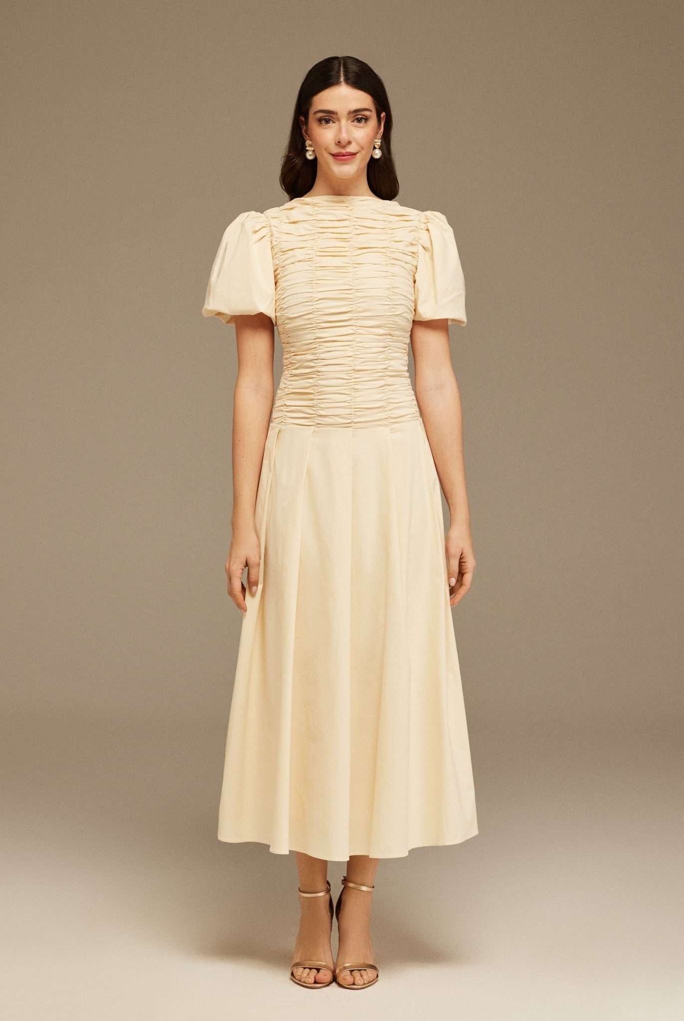 Ivory Draped Top Short Sleeve Midi Dress - shopaleena