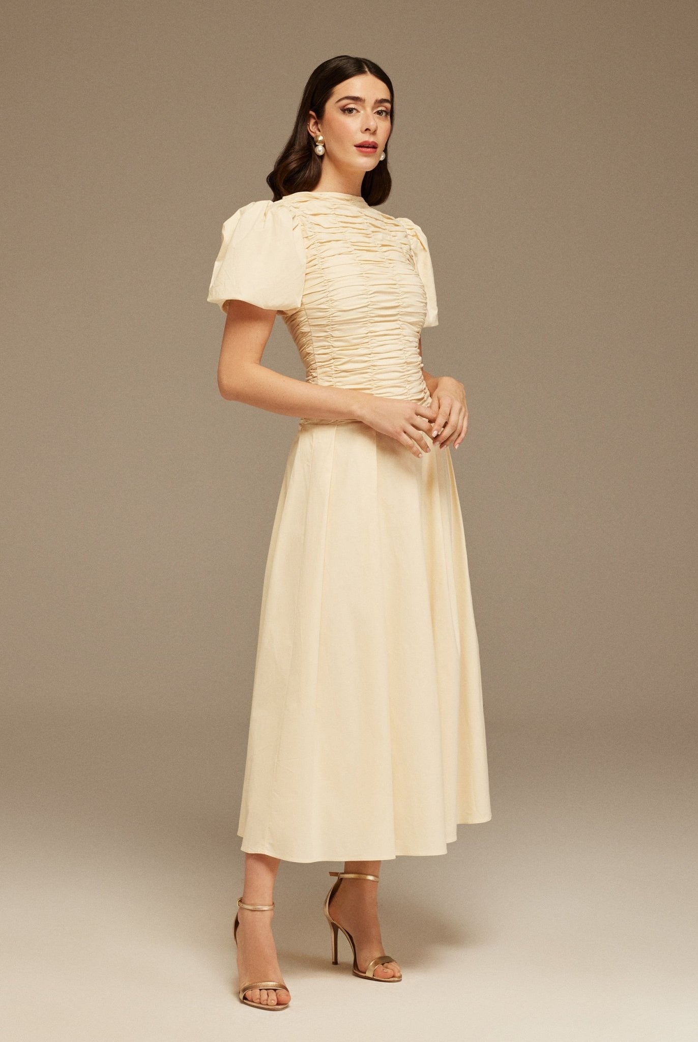 Ivory Draped Top Short Sleeve Midi Dress - shopaleena