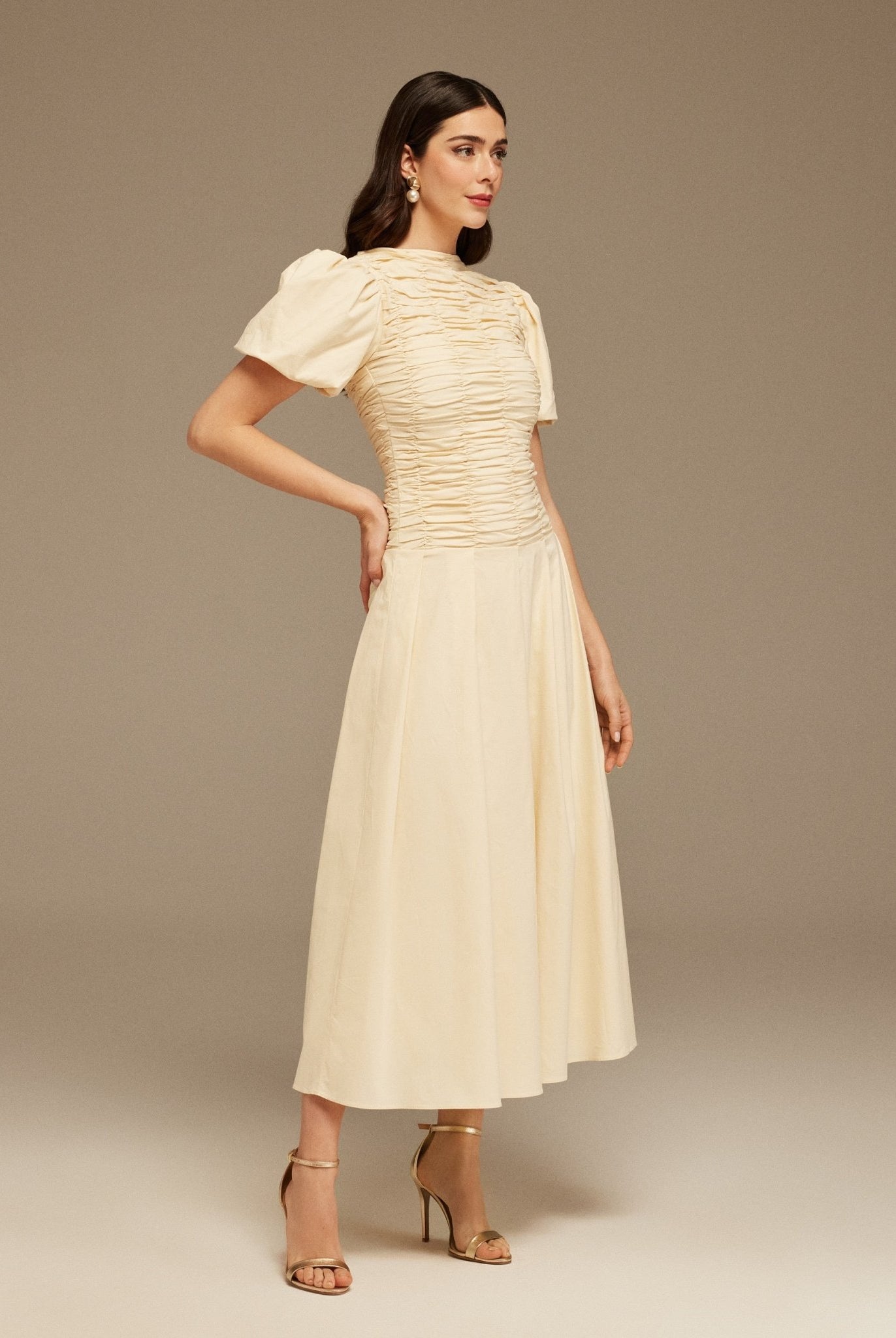 Ivory Draped Top Short Sleeve Midi Dress - shopaleena