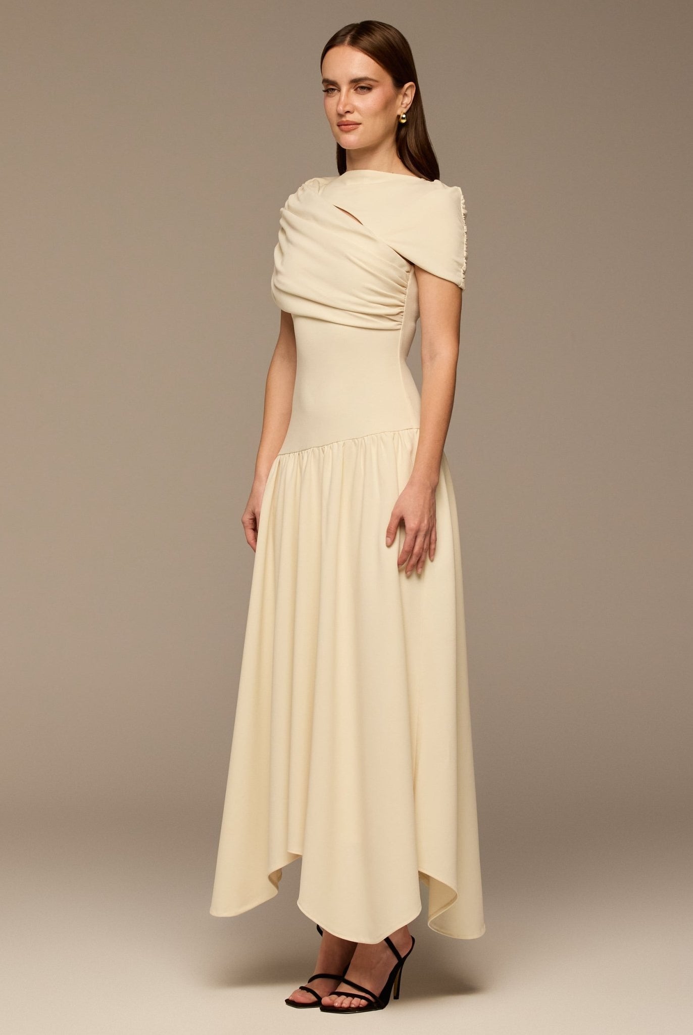 Ivory Dropped Waist Crepe Dress - shopaleena