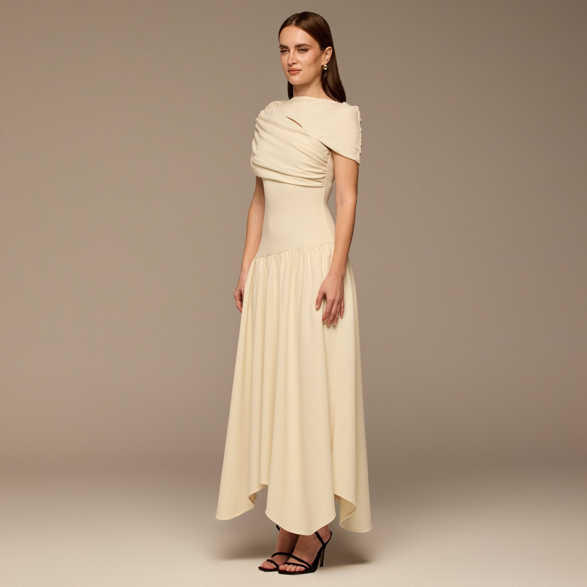 Ivory Dropped Waist Crepe Dress - shopaleena
