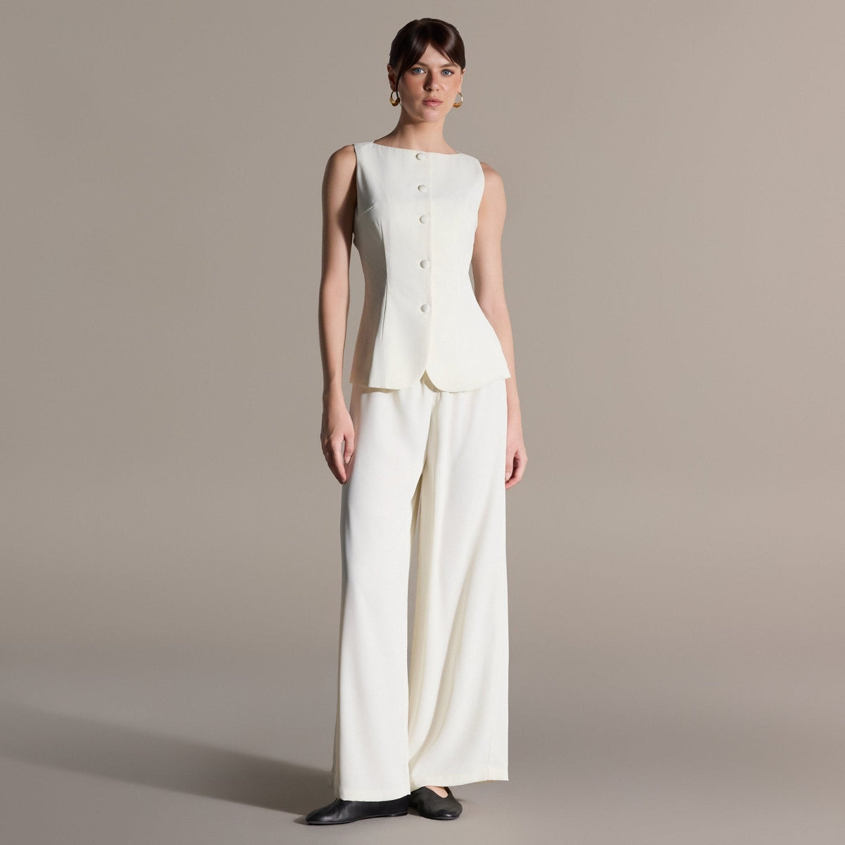 Ivory Elastic Waist Wide Leg Pants - shopaleena