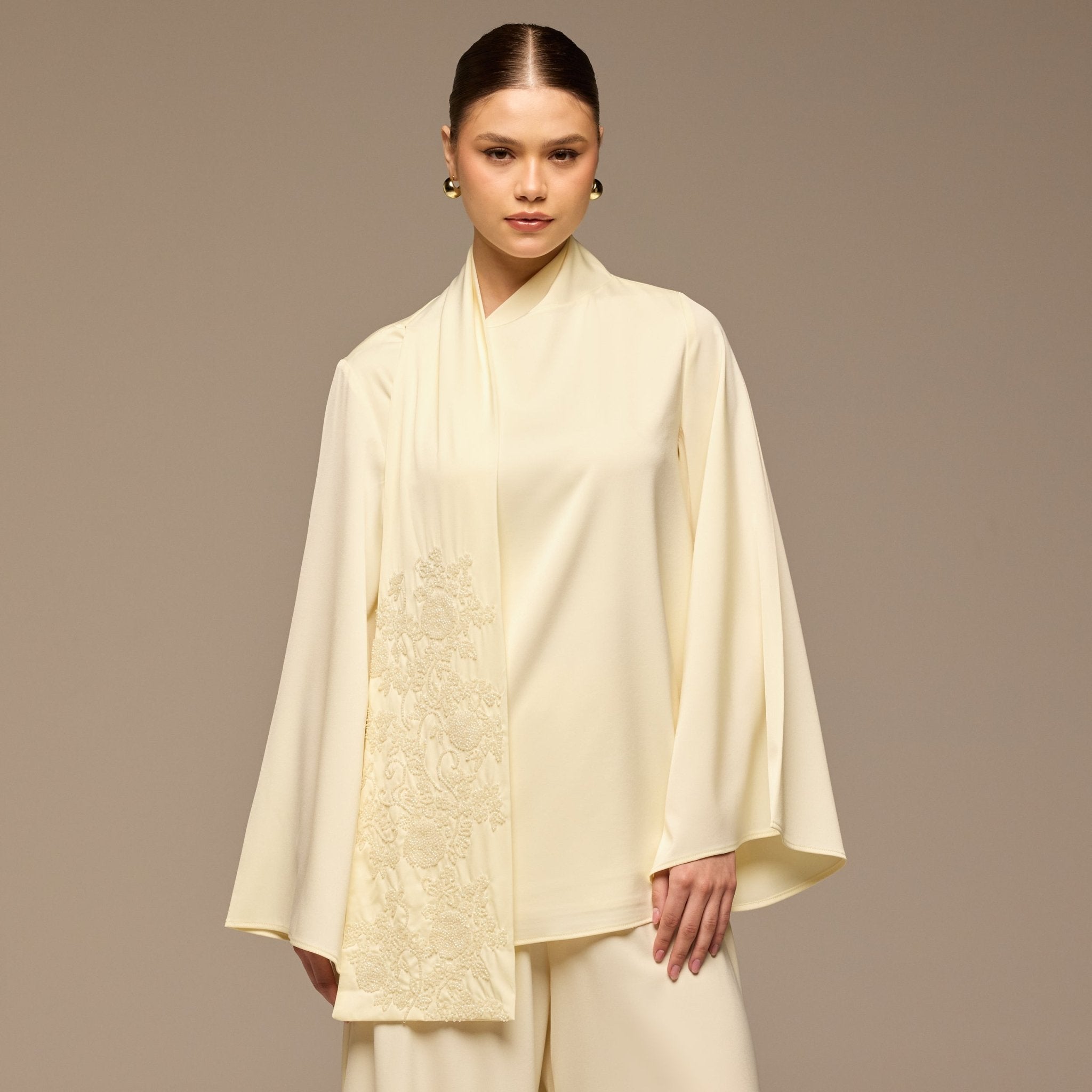 Ivory Embroidered Top and Pants Satin Set - shopaleena