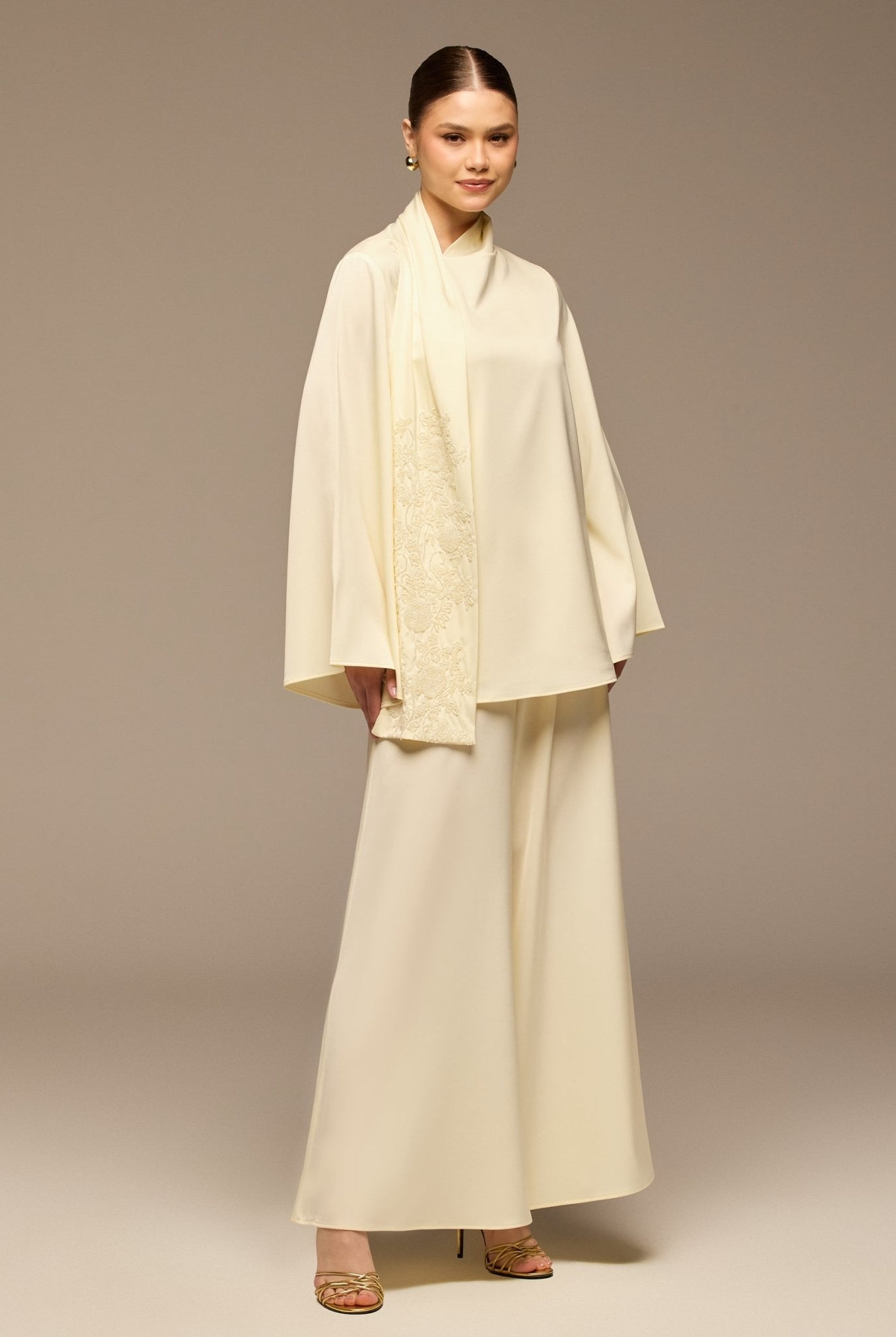 Ivory Embroidered Top and Pants Satin Set - shopaleena