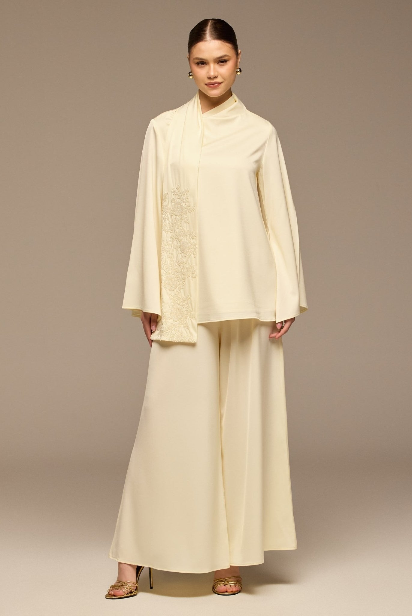 Ivory Embroidered Top and Pants Satin Set - shopaleena