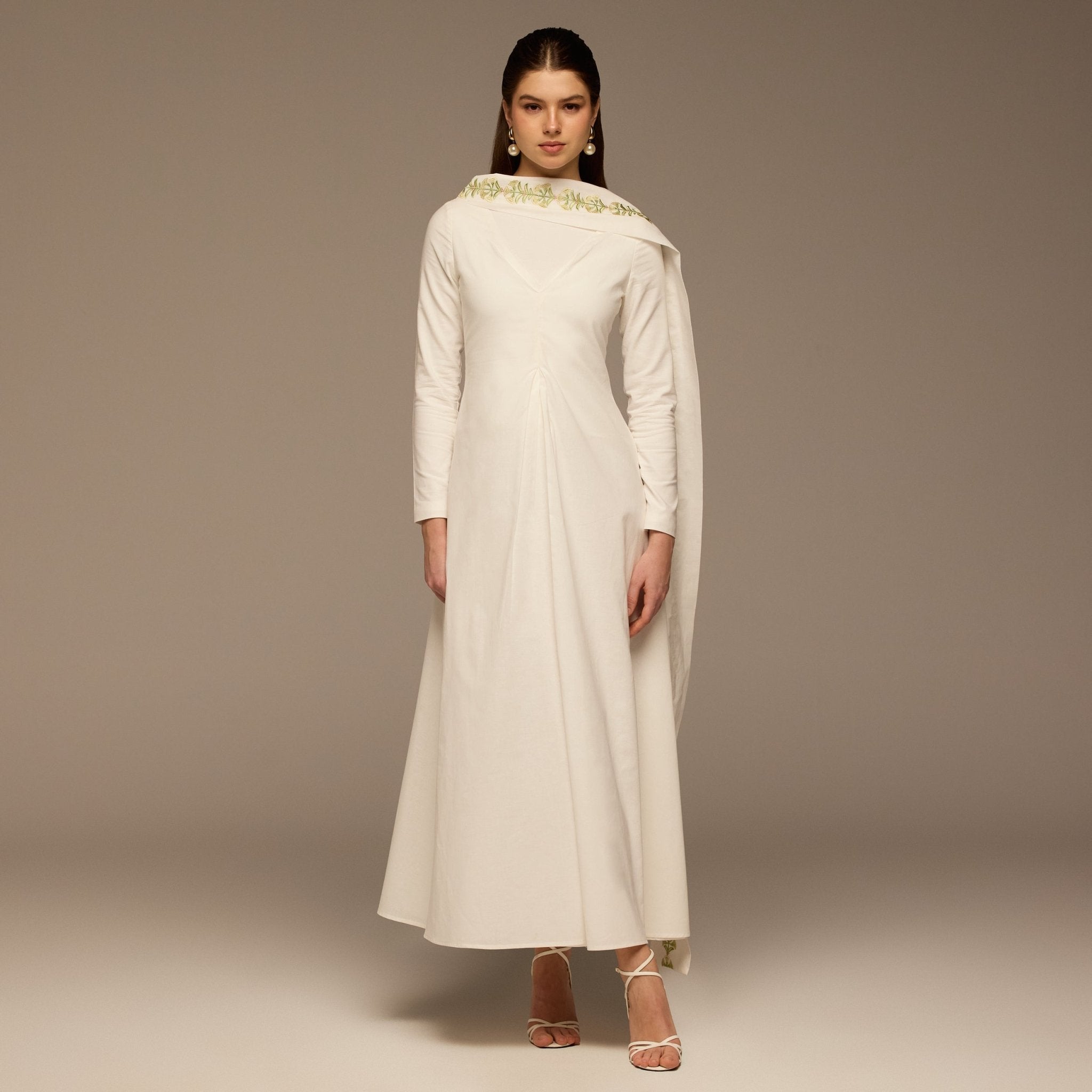 Ivory Flared A Line Lenin Dress with Embroidered Scarf - shopaleena