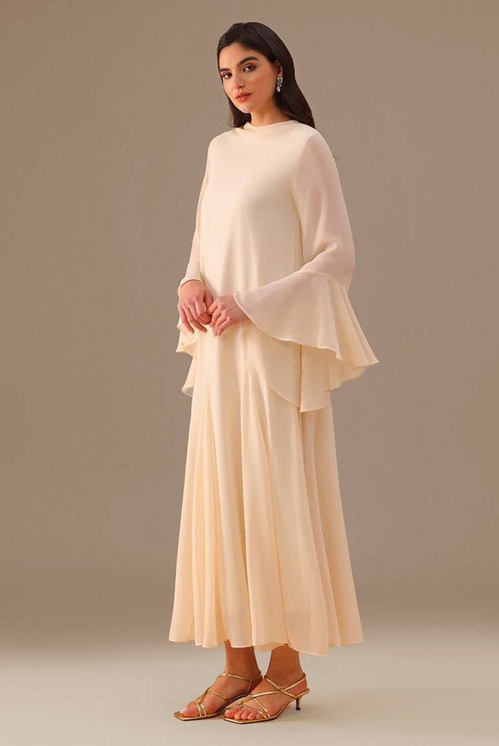 Ivory Flared Long Sleeve Chiffon Maxi Dress - shopaleena