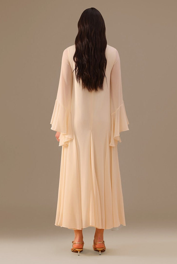 Ivory Flared Long Sleeve Chiffon Maxi Dress - shopaleena