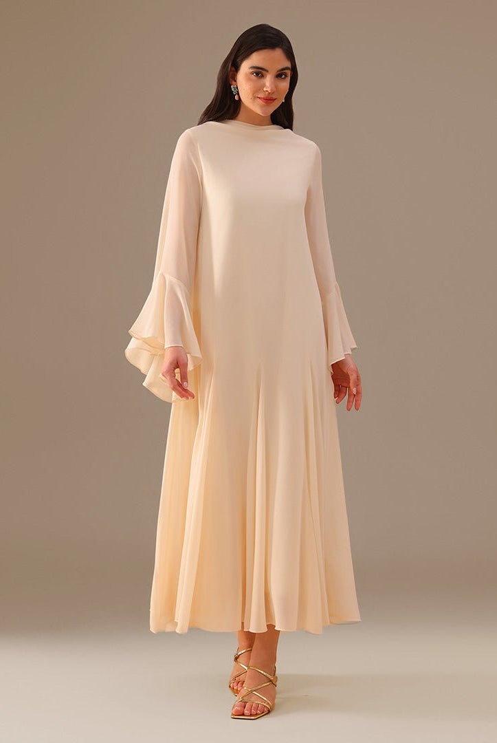 Ivory Flared Long Sleeve Chiffon Maxi Dress - shopaleena