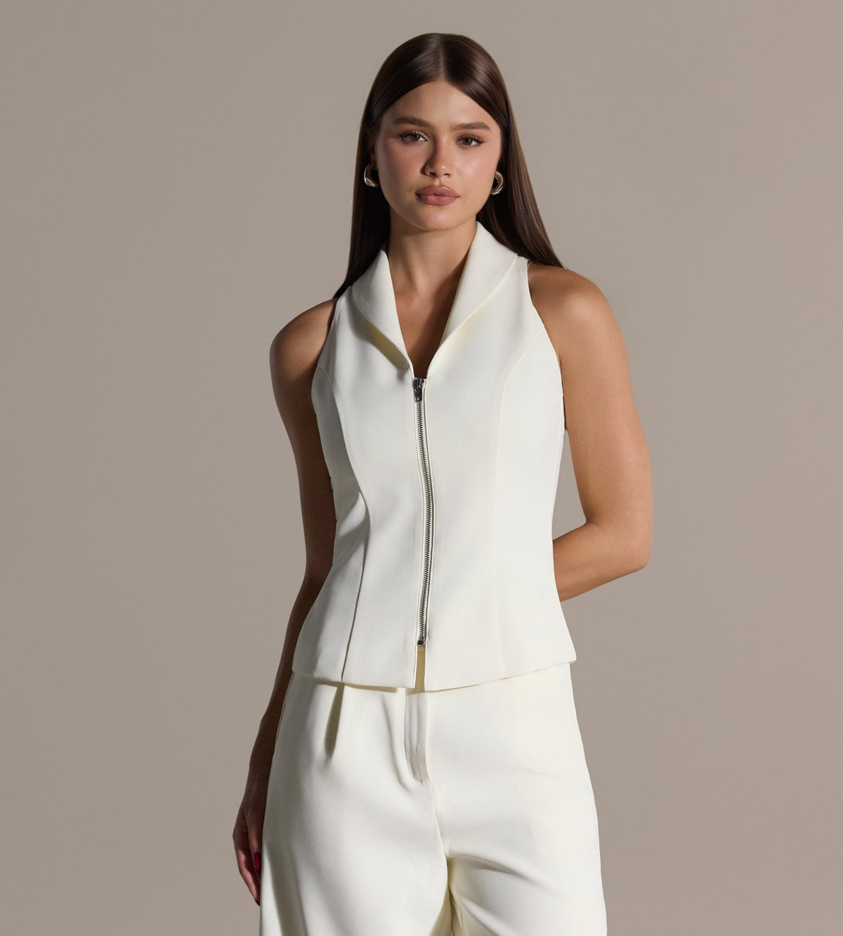 Ivory Front Zipper Halter Top - shopaleena