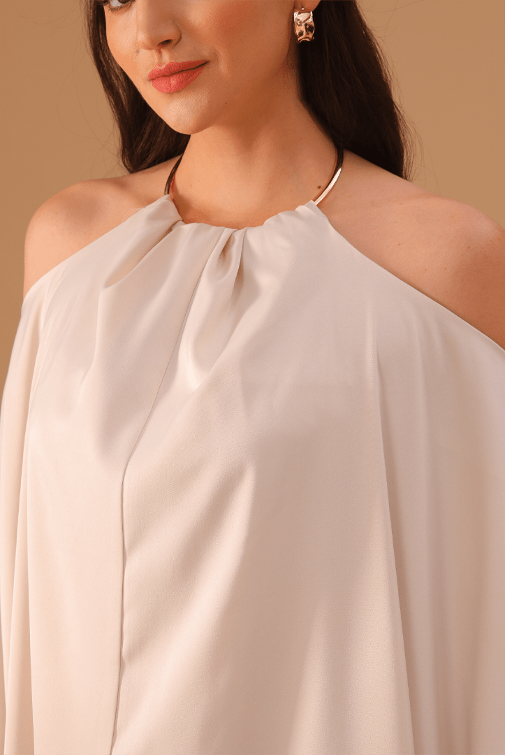 Ivory Gathered Neck With Accessory Maxi Dress - shopaleena