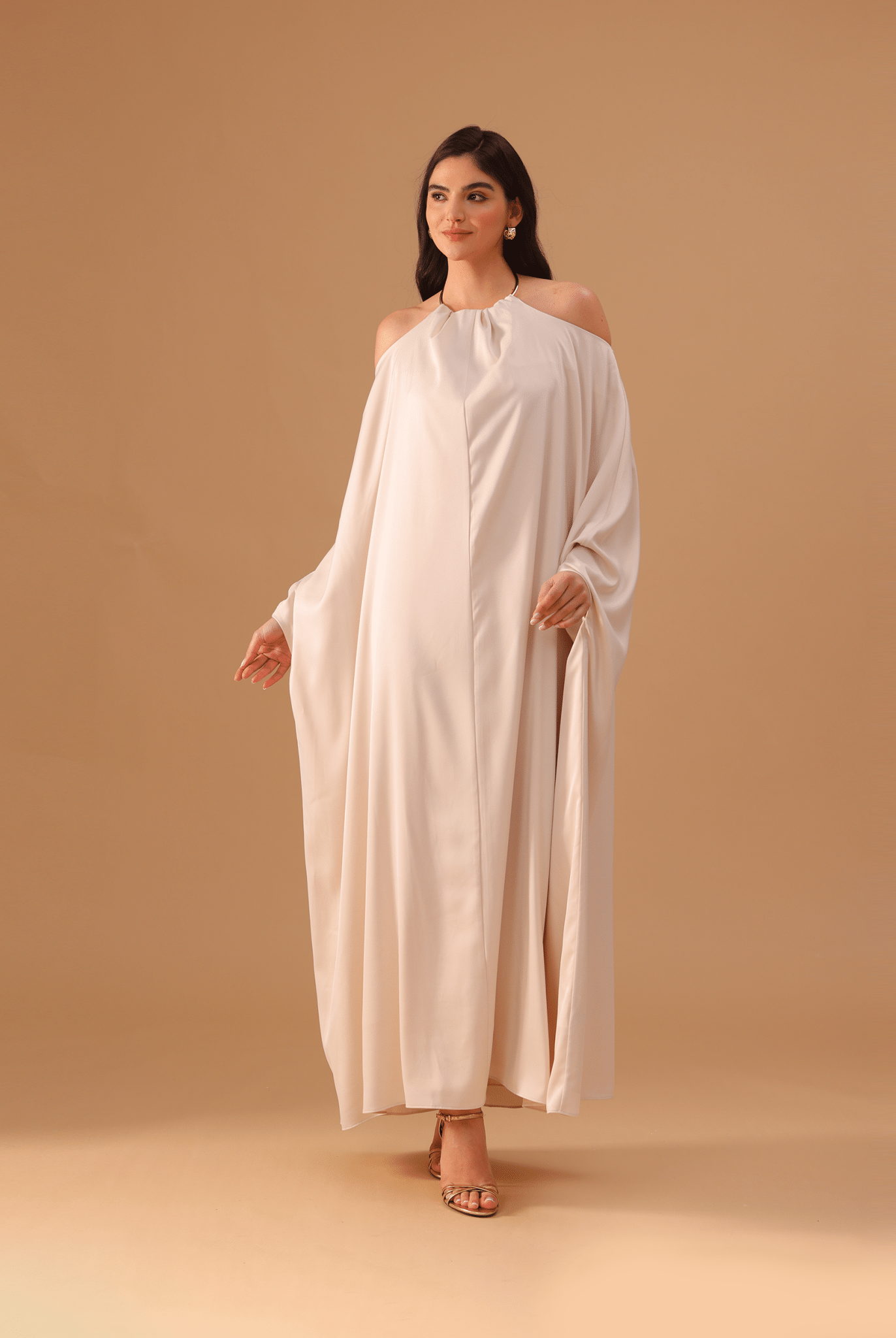 Ivory Gathered Neck With Accessory Maxi Dress - shopaleena