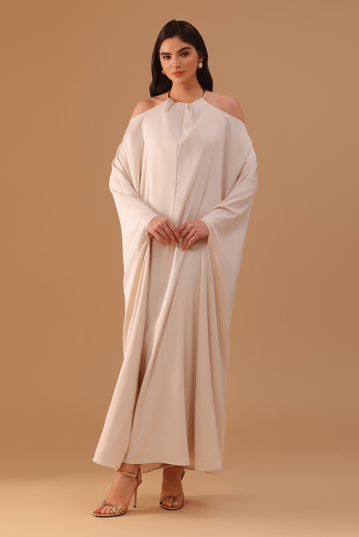 Ivory Gathered Neck With Accessory Maxi Dress - shopaleena