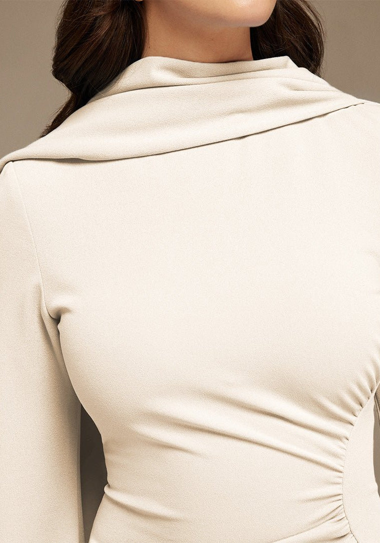 Ivory Gathered Waist Midi Dress With Scarf - shopaleena