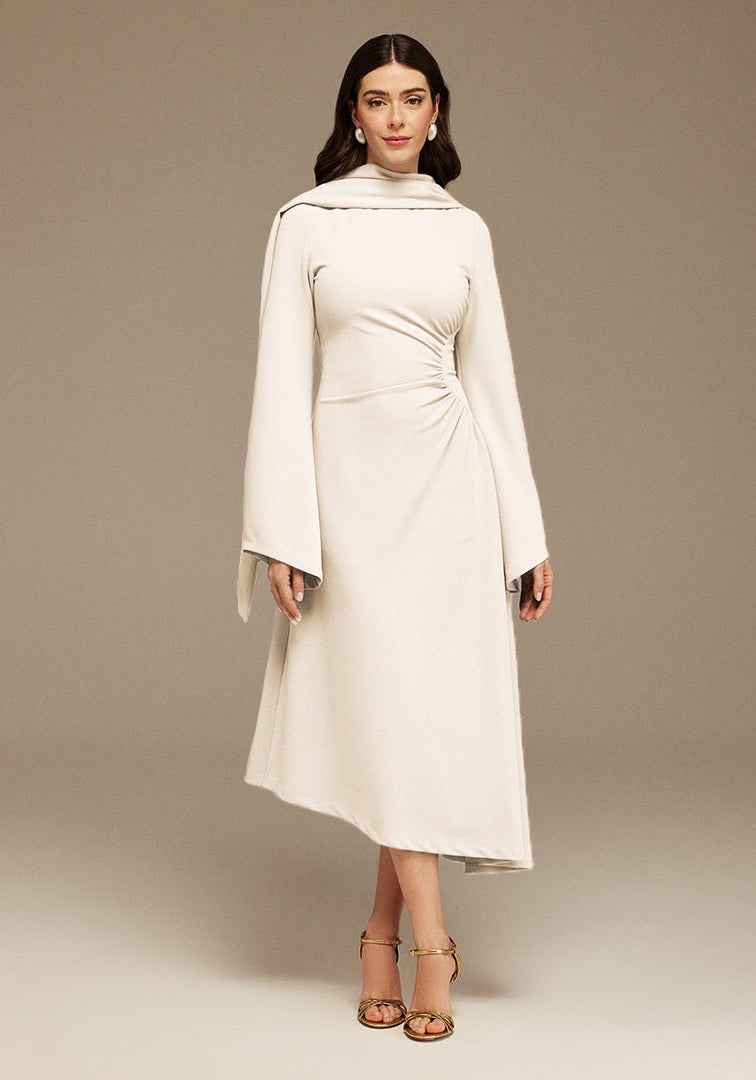 Ivory Gathered Waist Midi Dress With Scarf - shopaleena