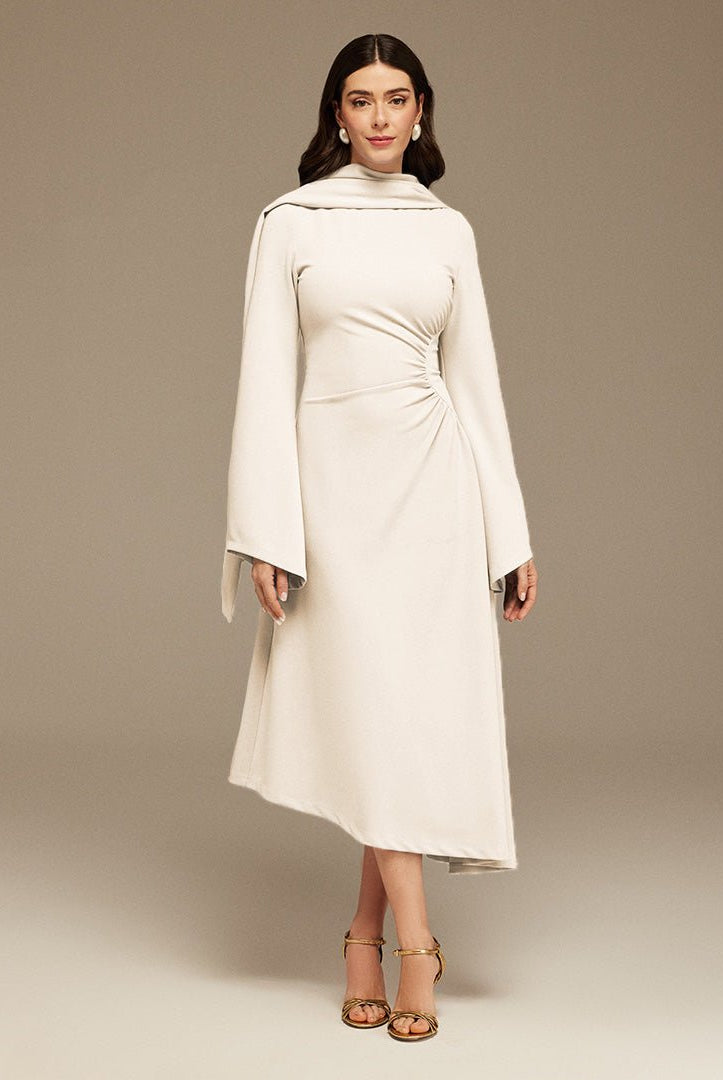 Ivory Gathered Waist Midi Dress With Scarf - shopaleena