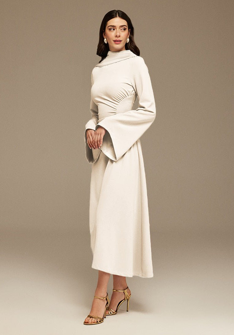 Ivory Gathered Waist Midi Dress With Scarf - shopaleena