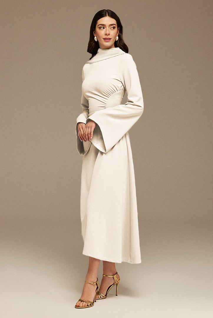 Ivory Gathered Waist Midi Dress With Scarf - shopaleena