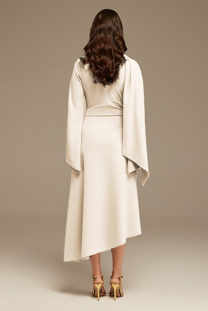 Ivory Gathered Waist Midi Dress With Scarf - shopaleena