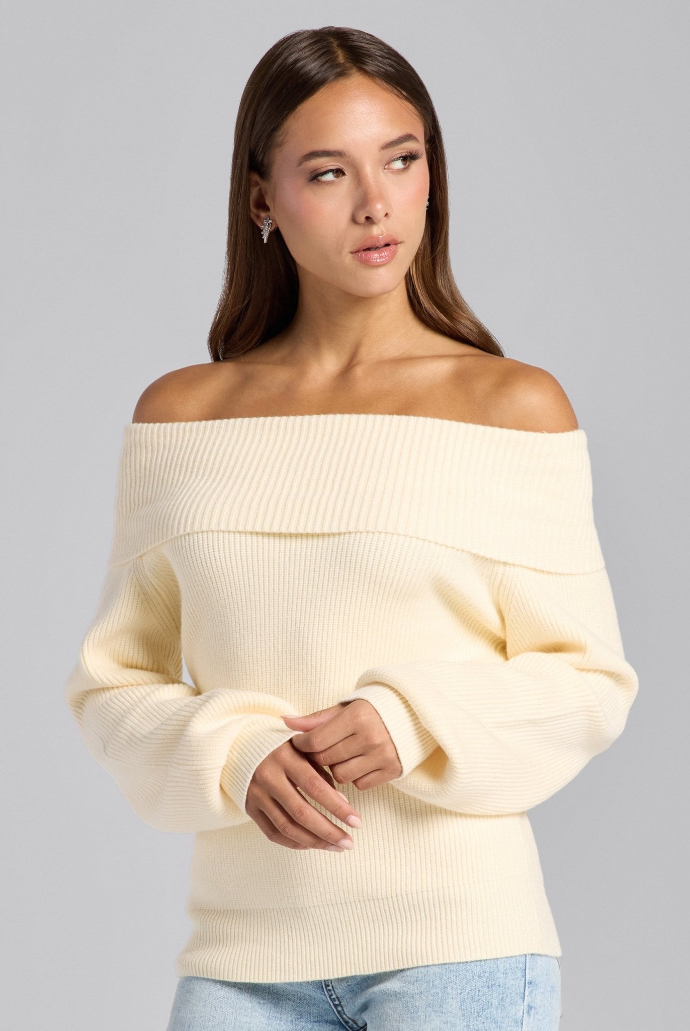 Ivory Knit Fold Off Shoulder Balloon Sleeve Sweater - shopaleena