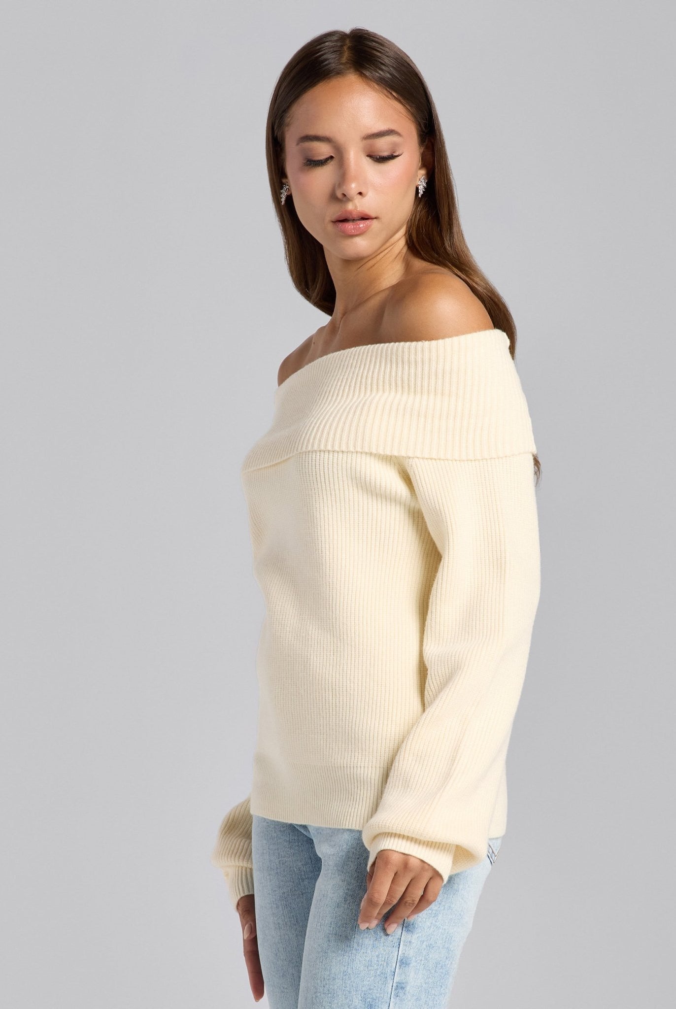 Ivory Knit Fold Off Shoulder Balloon Sleeve Sweater - shopaleena