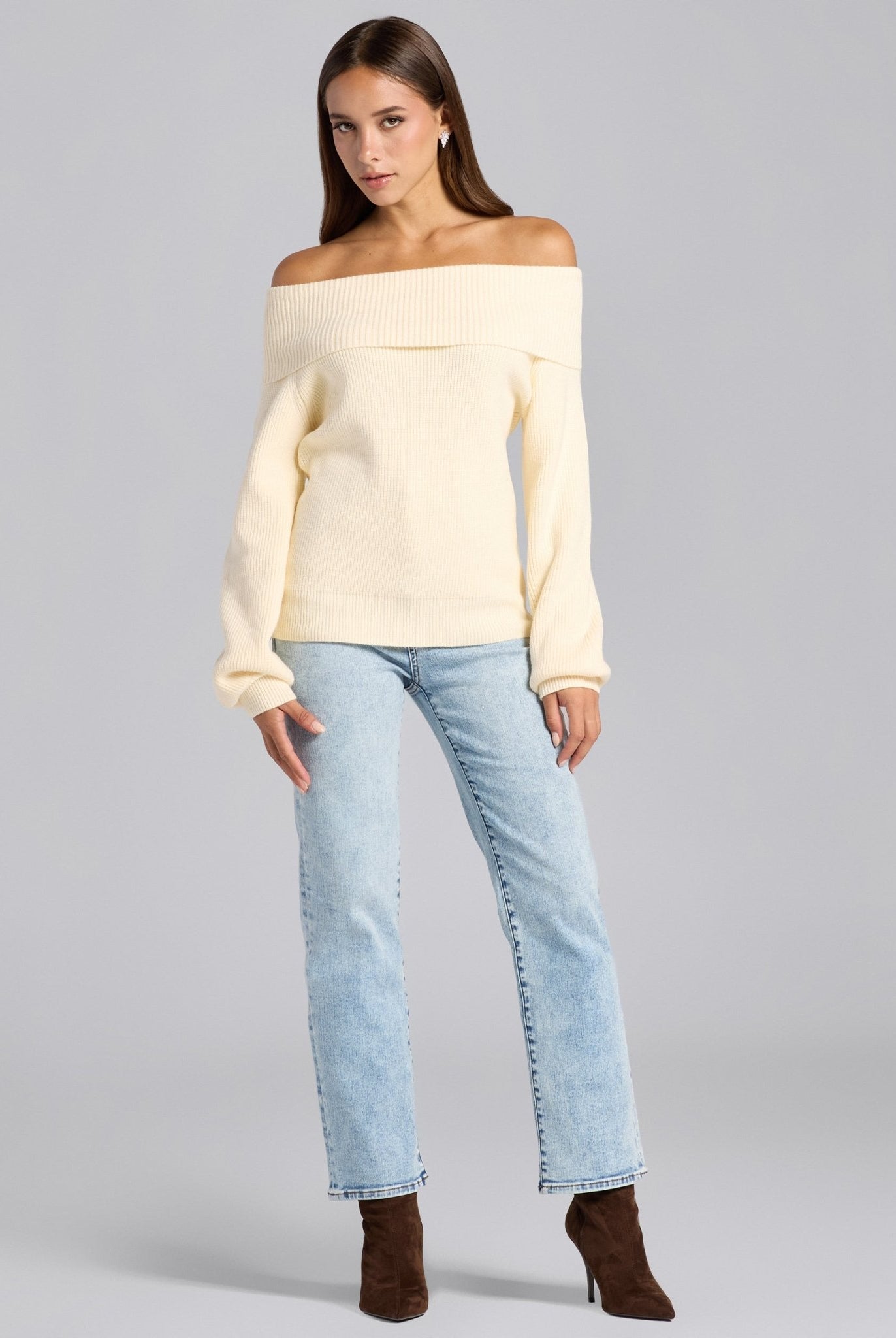 Ivory Knit Fold Off Shoulder Balloon Sleeve Sweater - shopaleena
