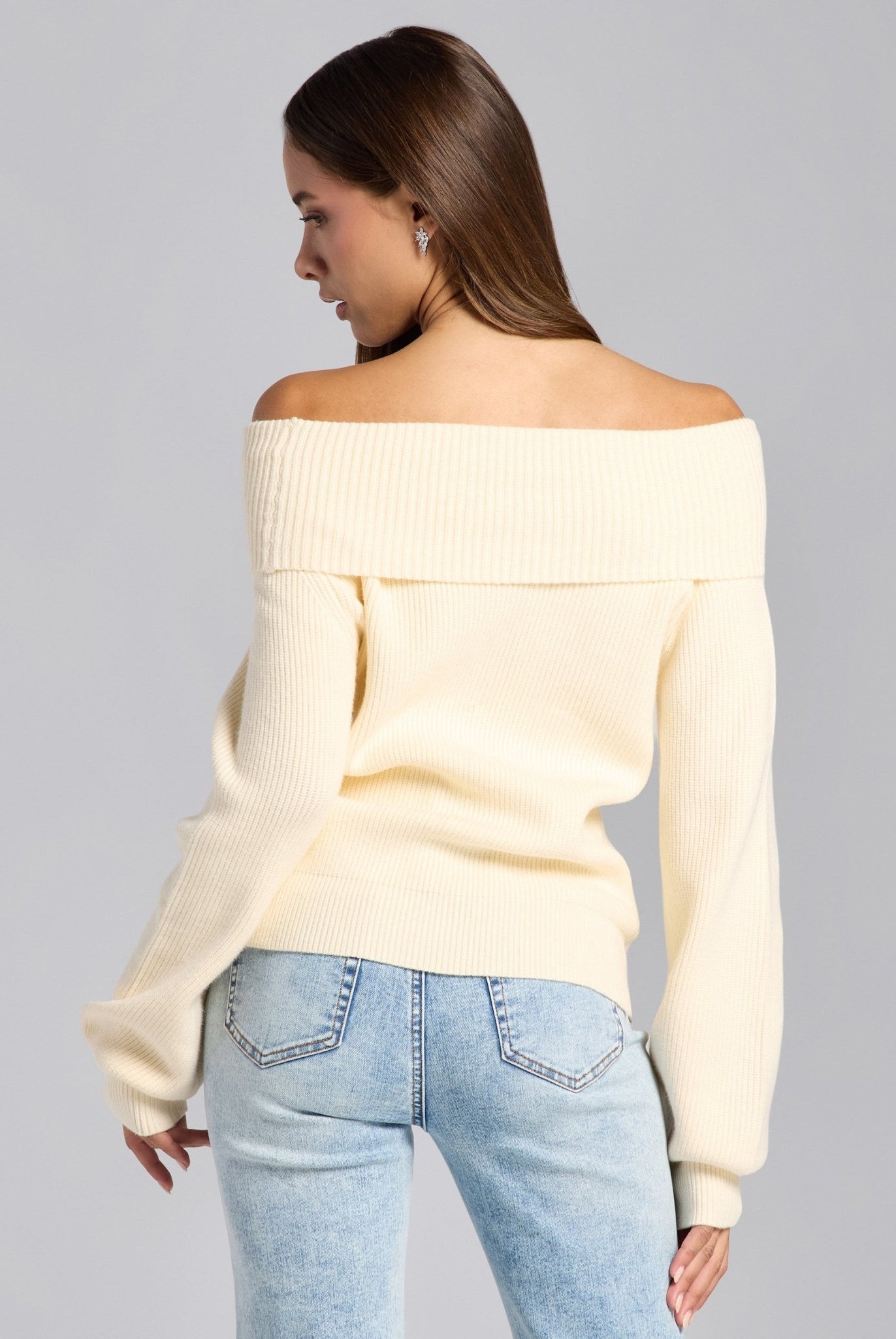 Ivory Knit Fold Off Shoulder Balloon Sleeve Sweater - shopaleena