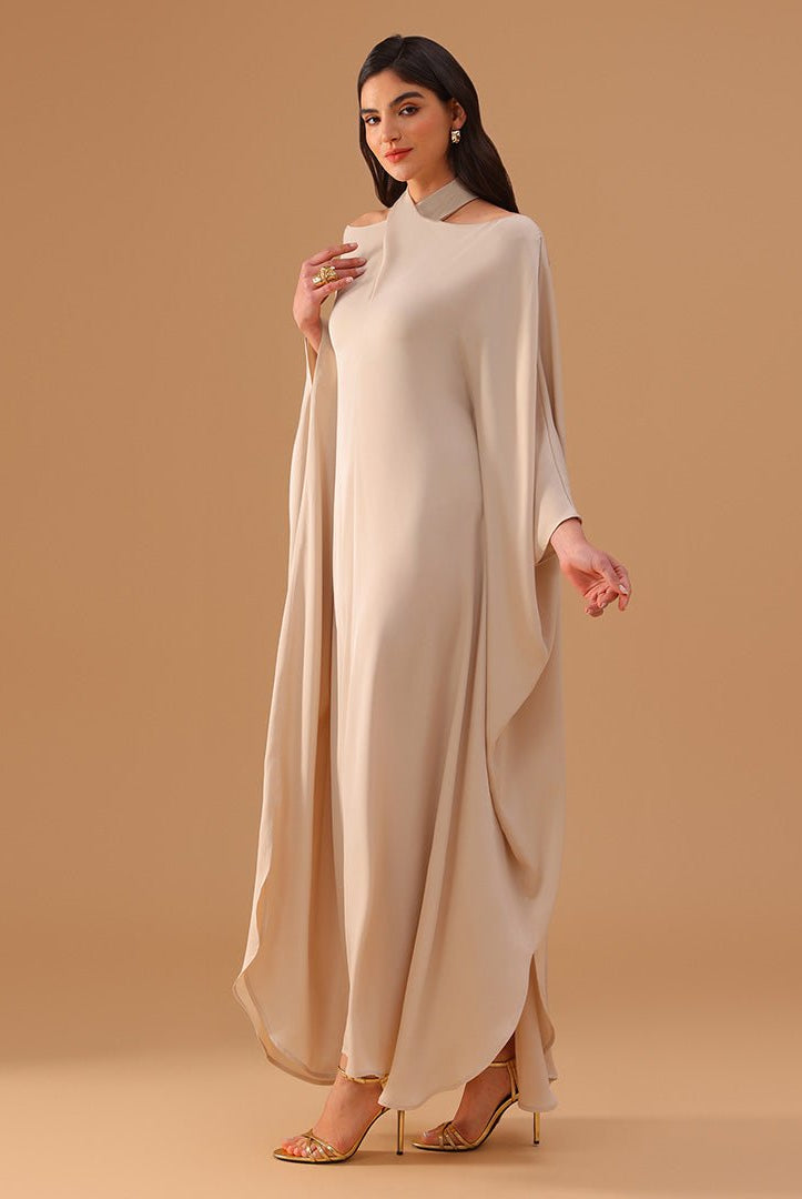 Ivory Off - Shoulder Kaftan with Neck Strap and Inner Belt - shopaleena